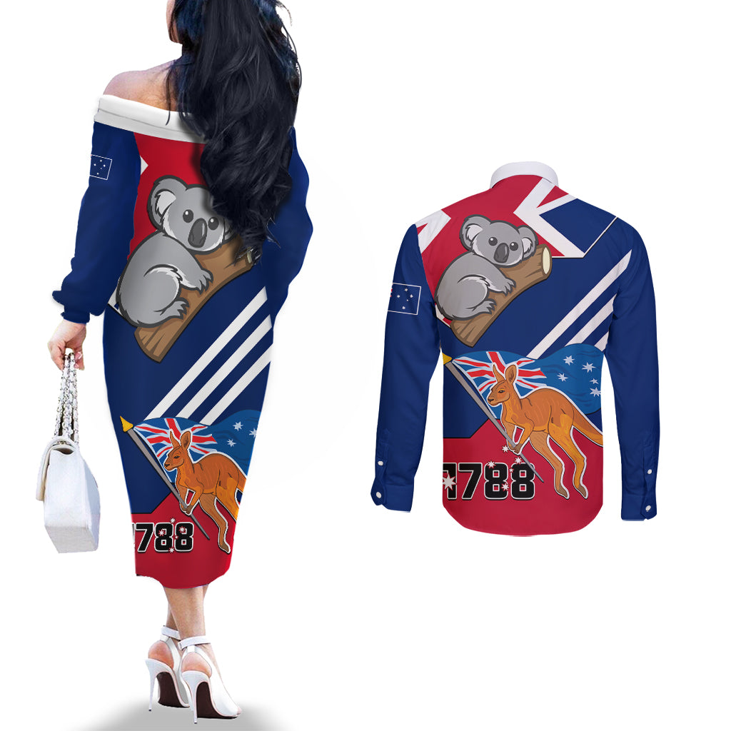 Australia Day Kangaroo and Koala With Flag Couples Matching Off The Shoulder Long Sleeve Dress and Long Sleeve Button Shirt