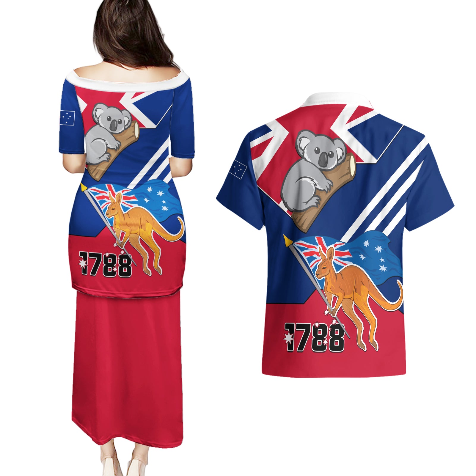 Australia Day Kangaroo and Koala With Flag Couples Matching Puletasi and Hawaiian Shirt