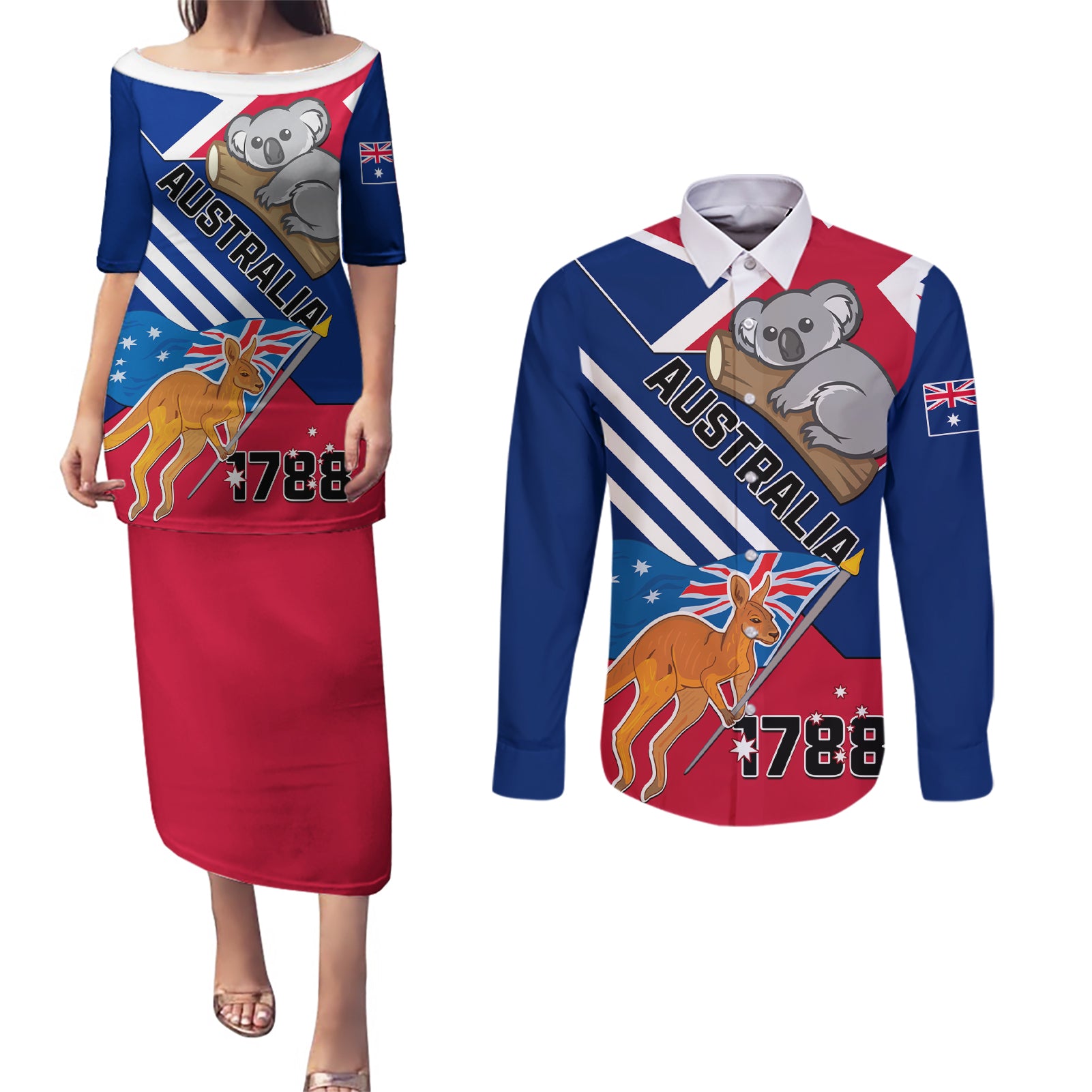 Australia Day Kangaroo and Koala With Flag Couples Matching Puletasi and Long Sleeve Button Shirt