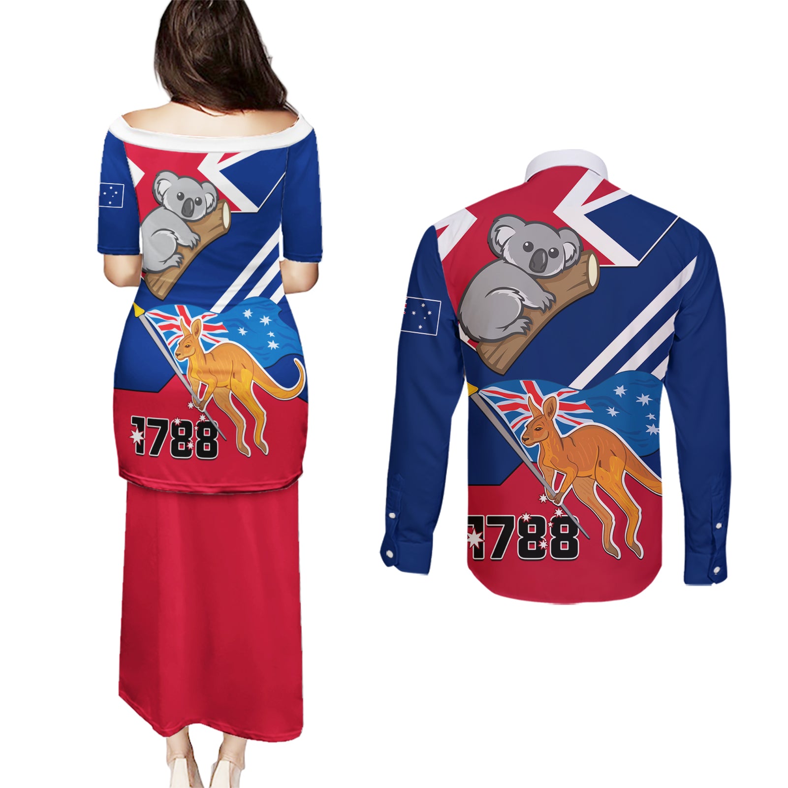 Australia Day Kangaroo and Koala With Flag Couples Matching Puletasi and Long Sleeve Button Shirt