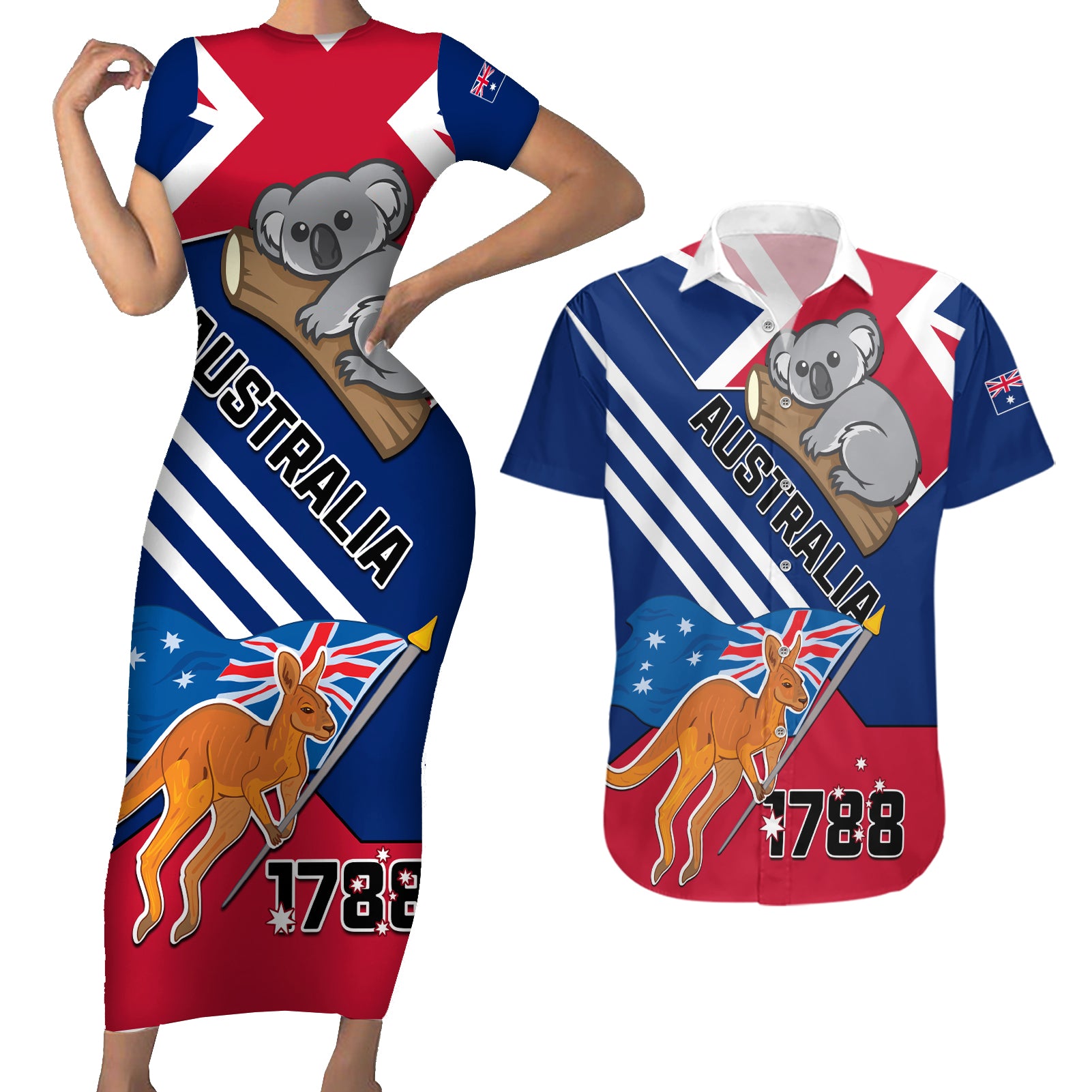 Australia Day Kangaroo and Koala With Flag Couples Matching Short Sleeve Bodycon Dress and Hawaiian Shirt