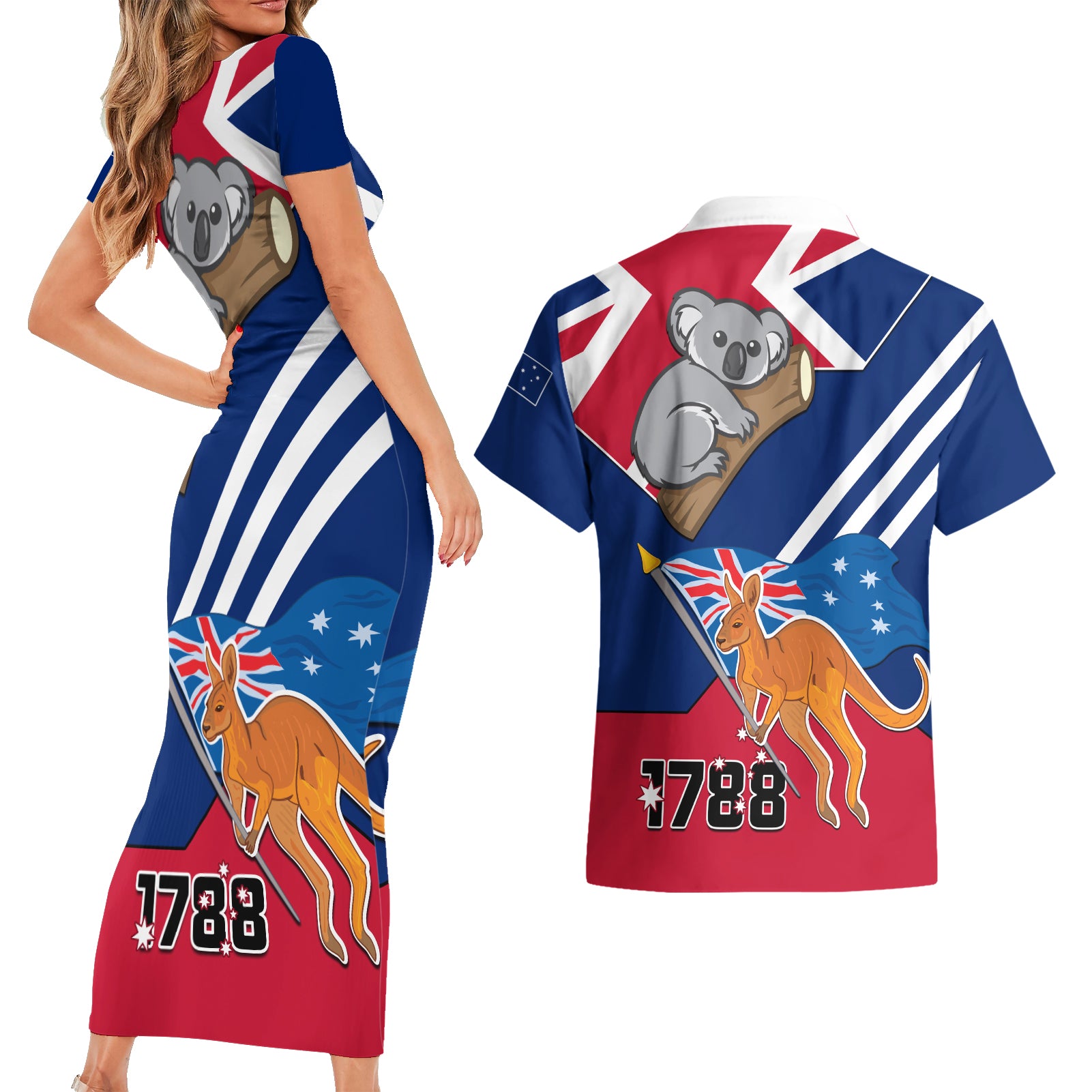 Australia Day Kangaroo and Koala With Flag Couples Matching Short Sleeve Bodycon Dress and Hawaiian Shirt