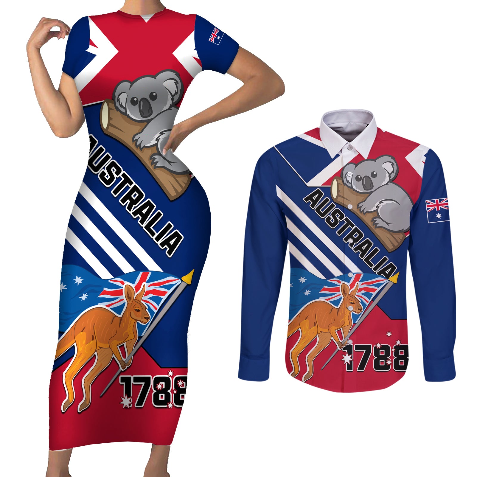 Australia Day Kangaroo and Koala With Flag Couples Matching Short Sleeve Bodycon Dress and Long Sleeve Button Shirt