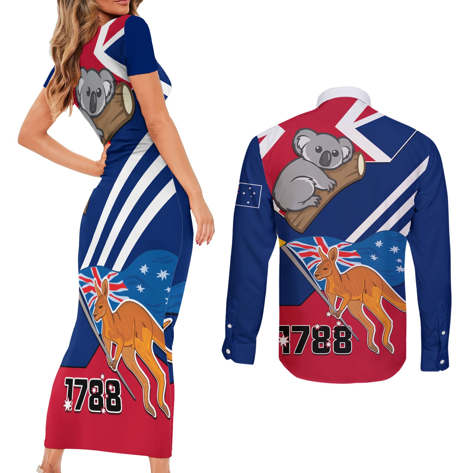 Australia Day Kangaroo and Koala With Flag Couples Matching Short Sleeve Bodycon Dress and Long Sleeve Button Shirt