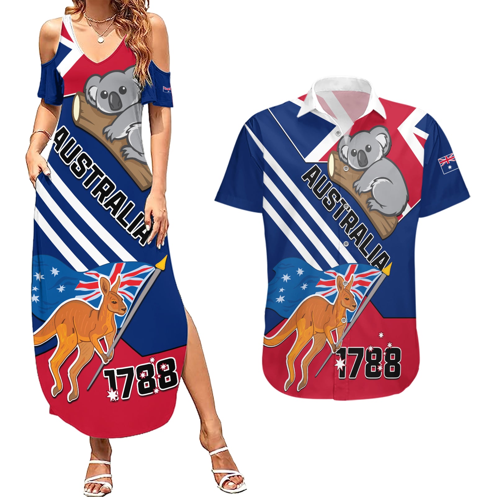 Australia Day Kangaroo and Koala With Flag Couples Matching Summer Maxi Dress and Hawaiian Shirt