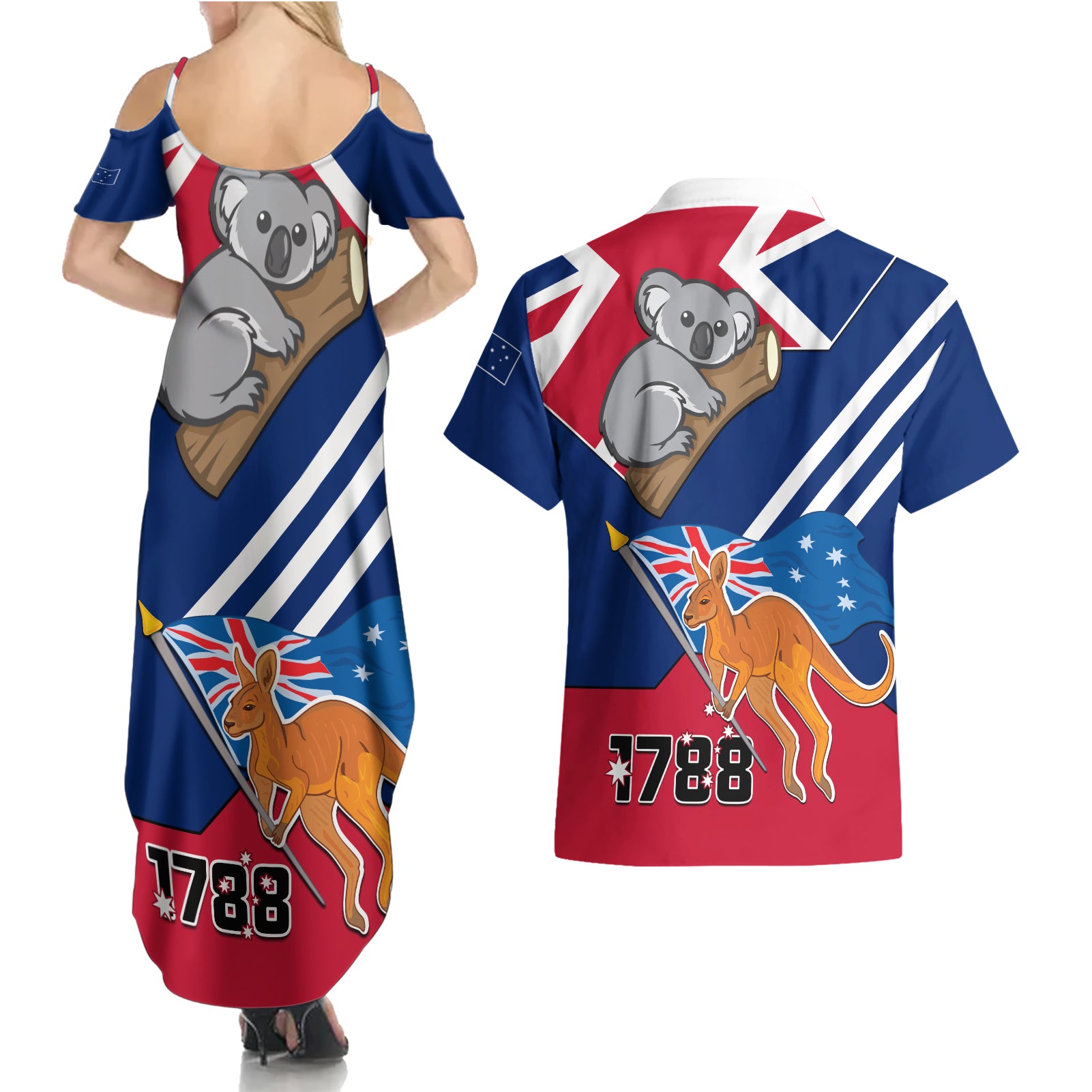 Australia Day Kangaroo and Koala With Flag Couples Matching Summer Maxi Dress and Hawaiian Shirt