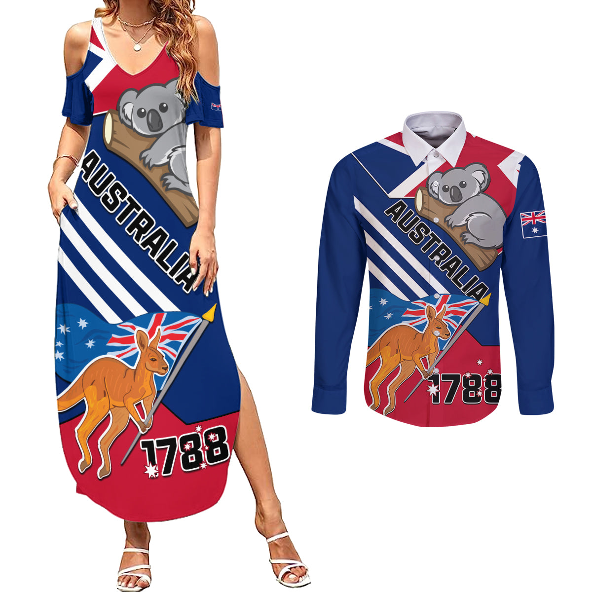 Australia Day Kangaroo and Koala With Flag Couples Matching Summer Maxi Dress and Long Sleeve Button Shirt