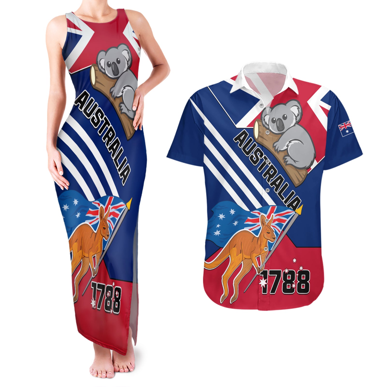 Australia Day Kangaroo and Koala With Flag Couples Matching Tank Maxi Dress and Hawaiian Shirt