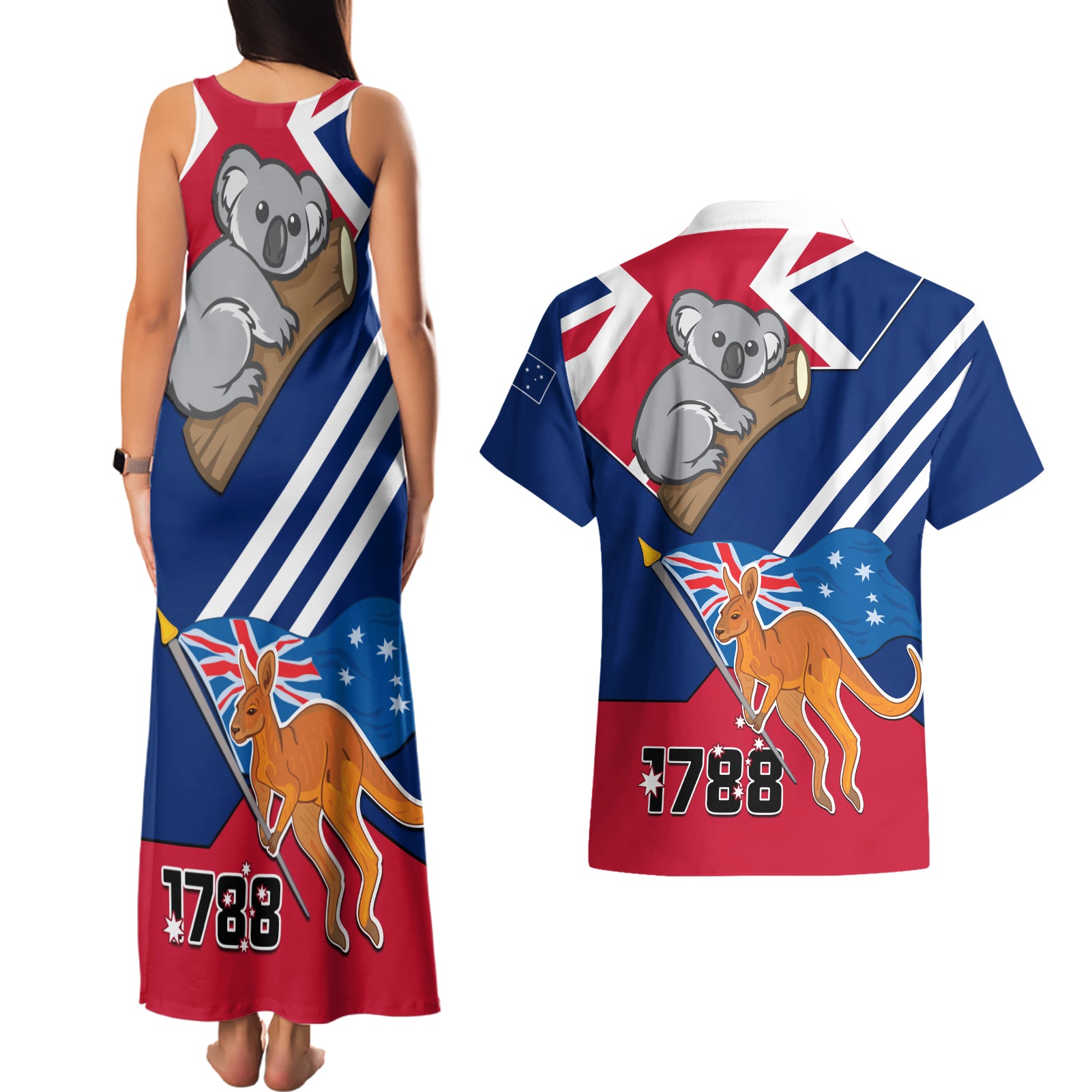 Australia Day Kangaroo and Koala With Flag Couples Matching Tank Maxi Dress and Hawaiian Shirt