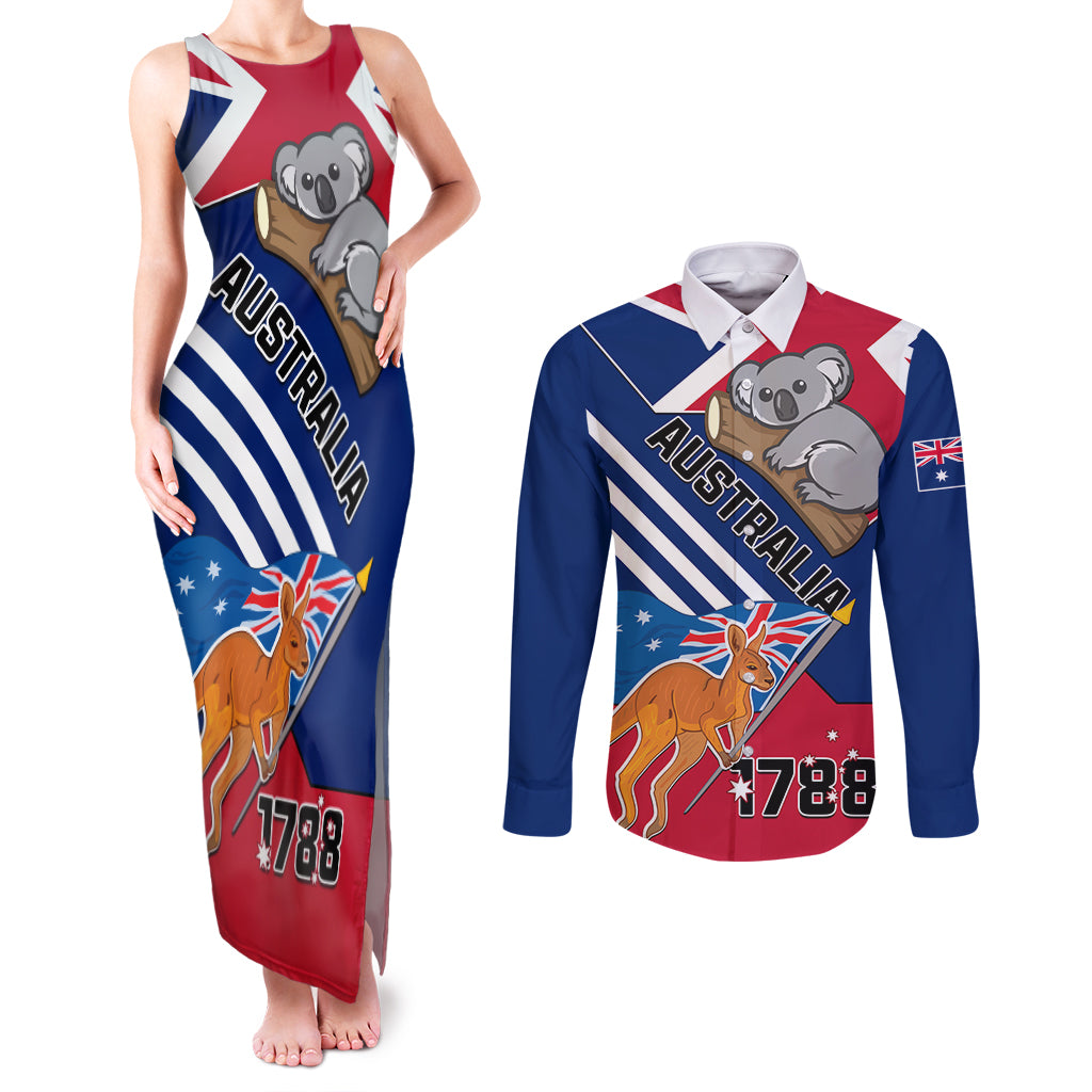 Australia Day Kangaroo and Koala With Flag Couples Matching Tank Maxi Dress and Long Sleeve Button Shirt