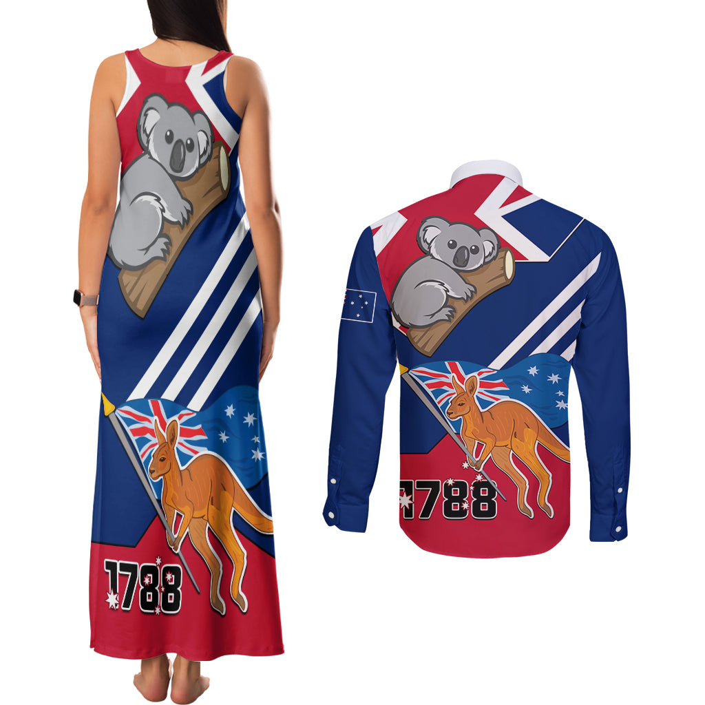 Australia Day Kangaroo and Koala With Flag Couples Matching Tank Maxi Dress and Long Sleeve Button Shirt