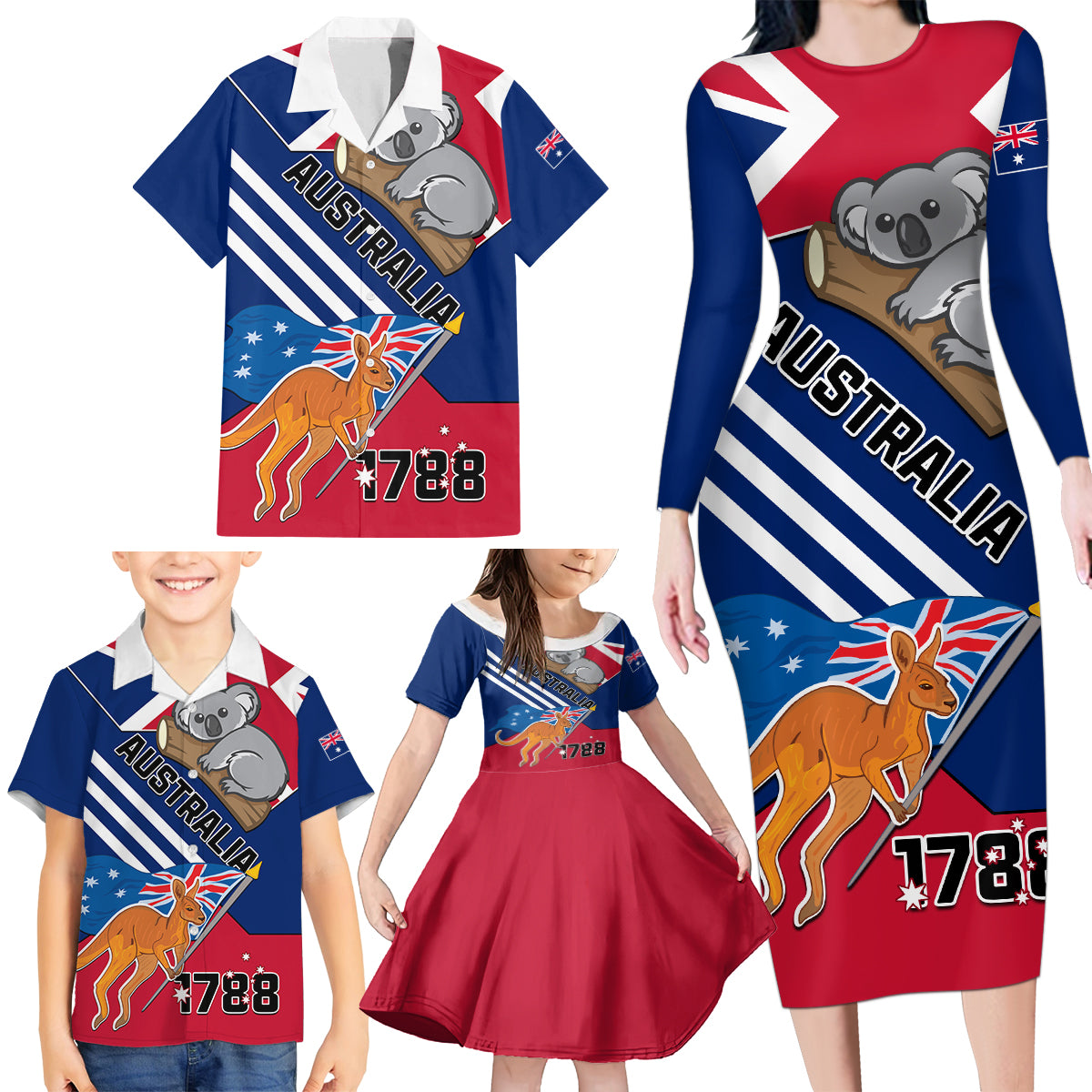 Australia Day Kangaroo and Koala With Flag Family Matching Long Sleeve Bodycon Dress and Hawaiian Shirt