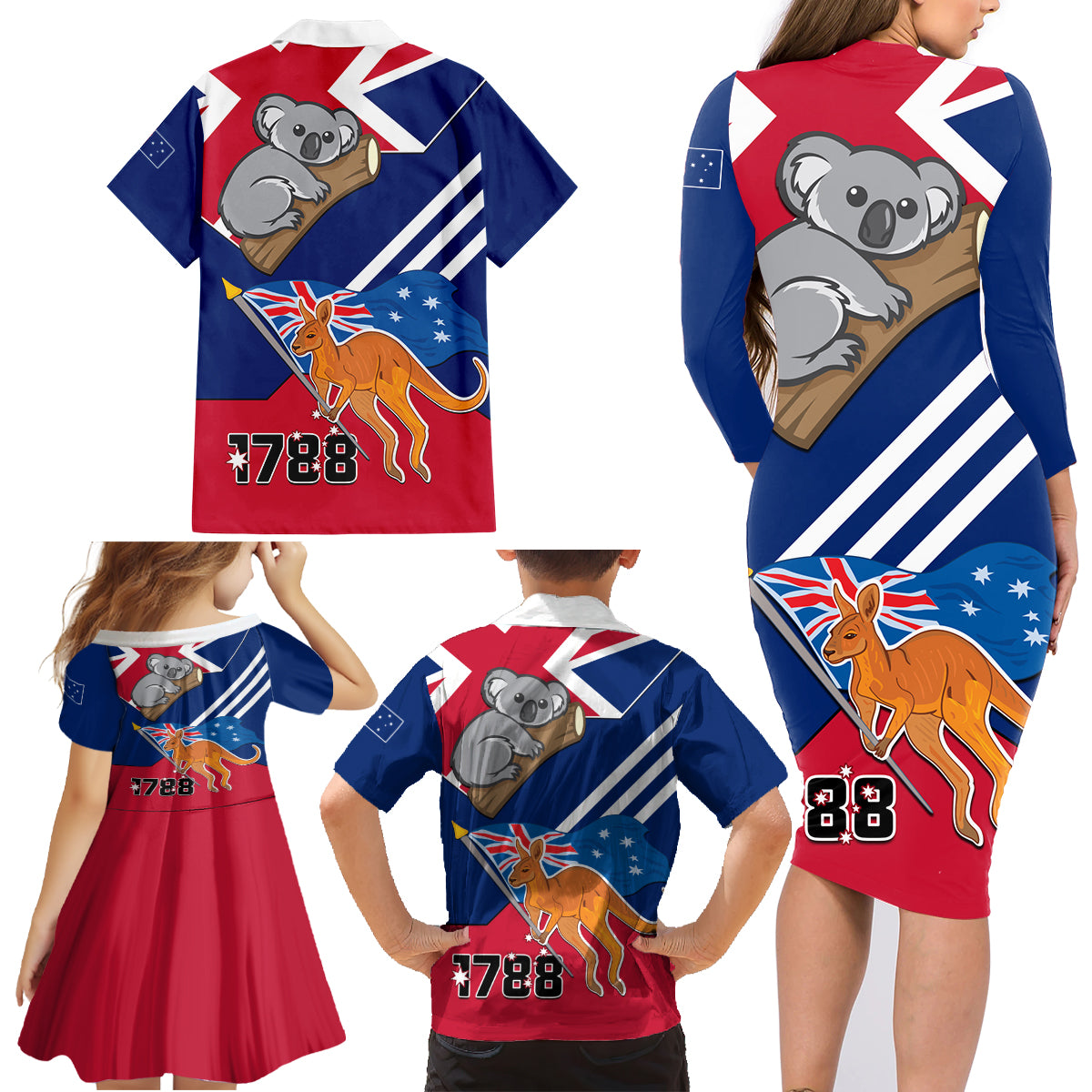 Australia Day Kangaroo and Koala With Flag Family Matching Long Sleeve Bodycon Dress and Hawaiian Shirt