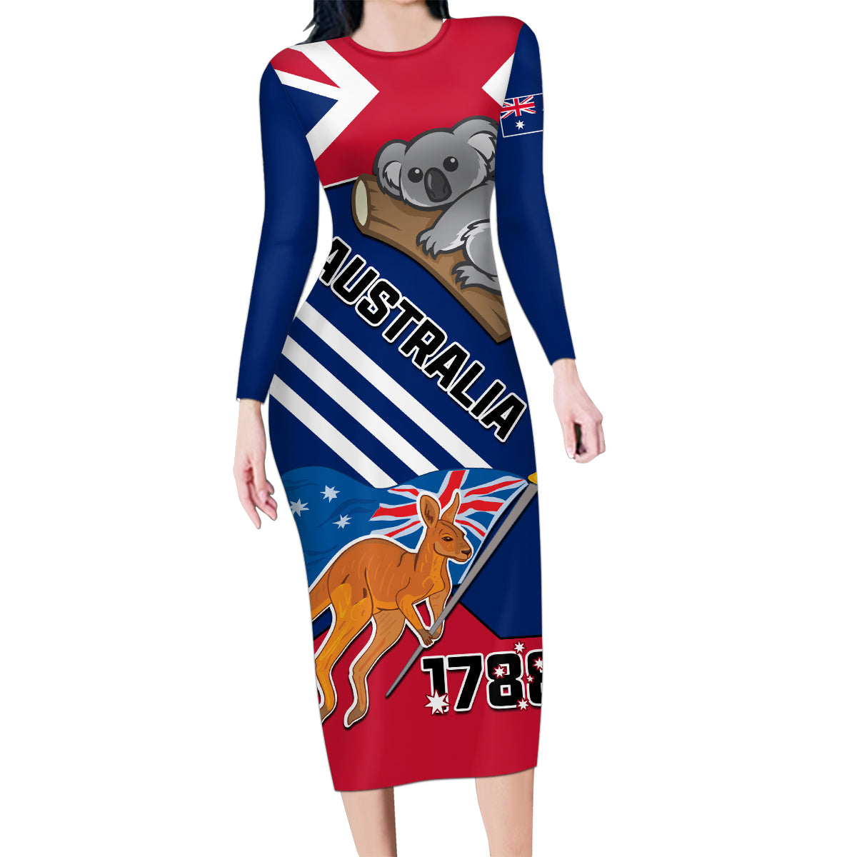 Australia Day Kangaroo and Koala With Flag Family Matching Long Sleeve Bodycon Dress and Hawaiian Shirt