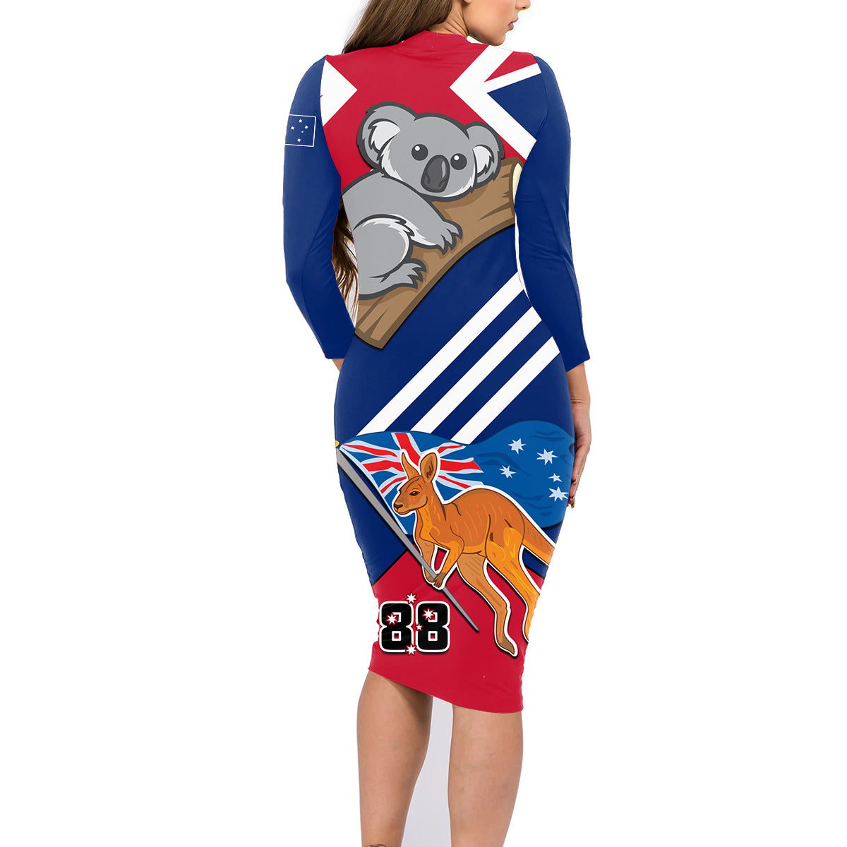 Australia Day Kangaroo and Koala With Flag Family Matching Long Sleeve Bodycon Dress and Hawaiian Shirt