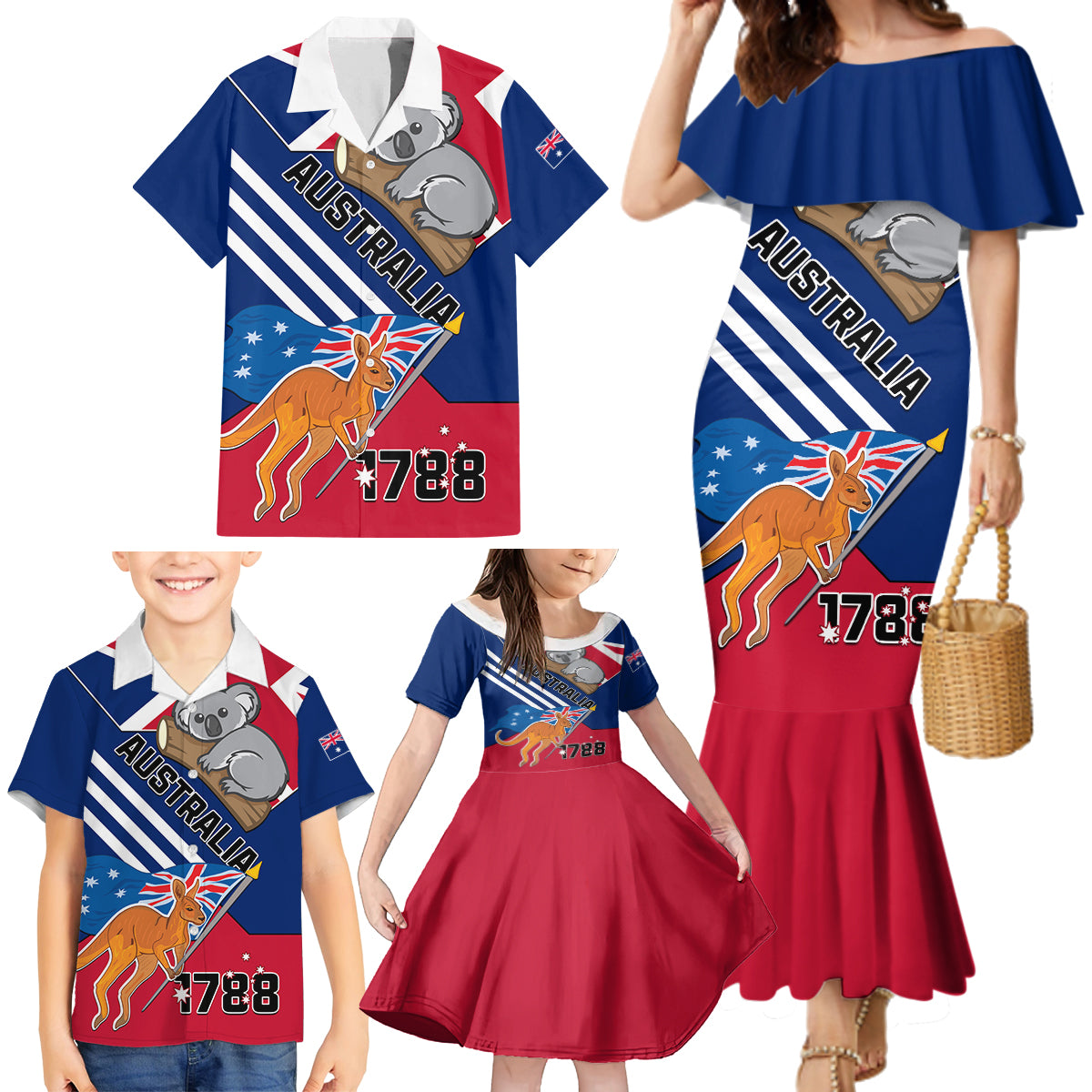 Australia Day Kangaroo and Koala With Flag Family Matching Mermaid Dress and Hawaiian Shirt