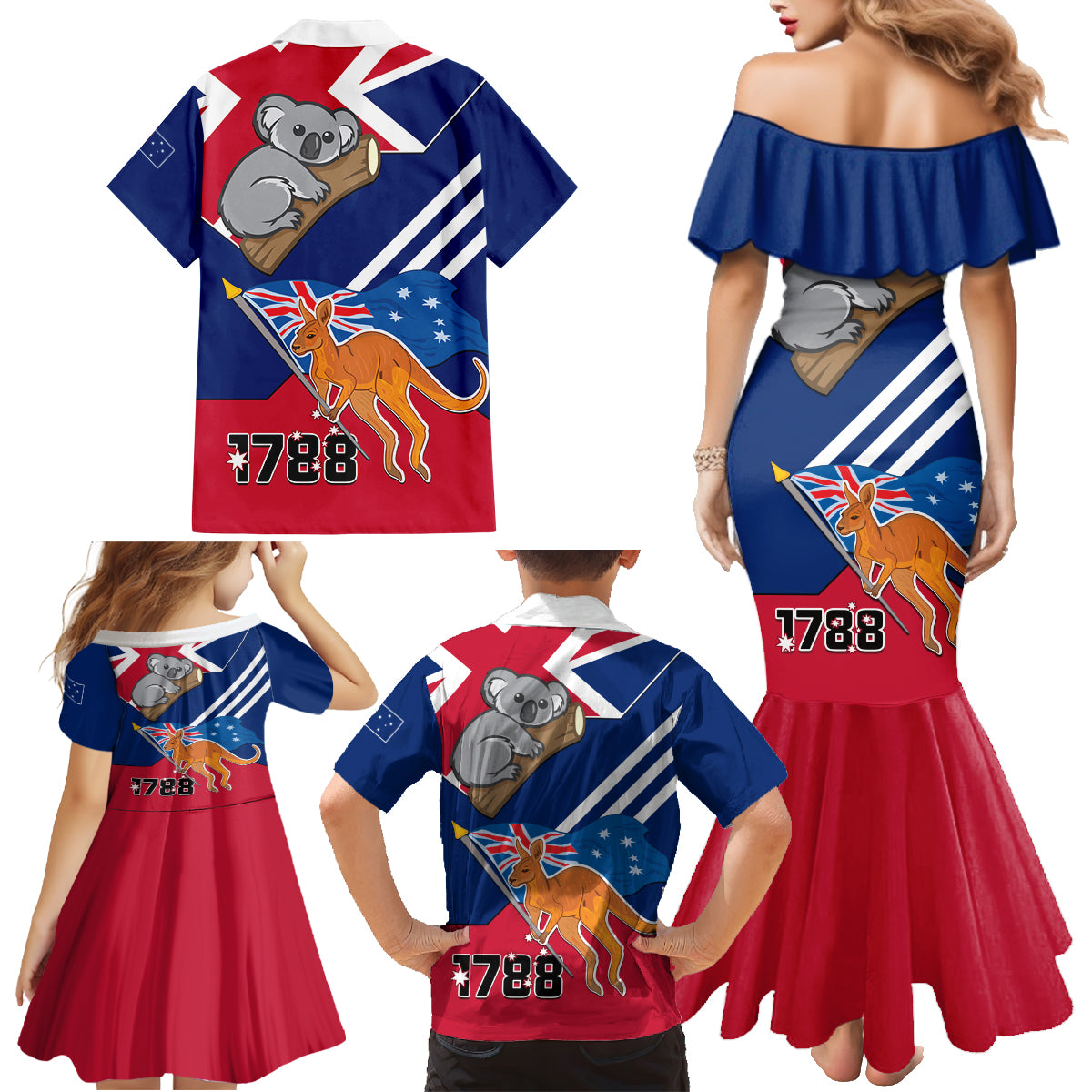 Australia Day Kangaroo and Koala With Flag Family Matching Mermaid Dress and Hawaiian Shirt