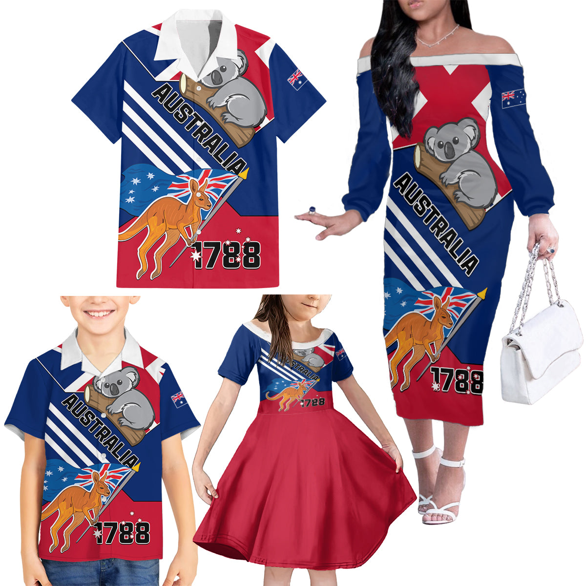 Australia Day Kangaroo and Koala With Flag Family Matching Off The Shoulder Long Sleeve Dress and Hawaiian Shirt