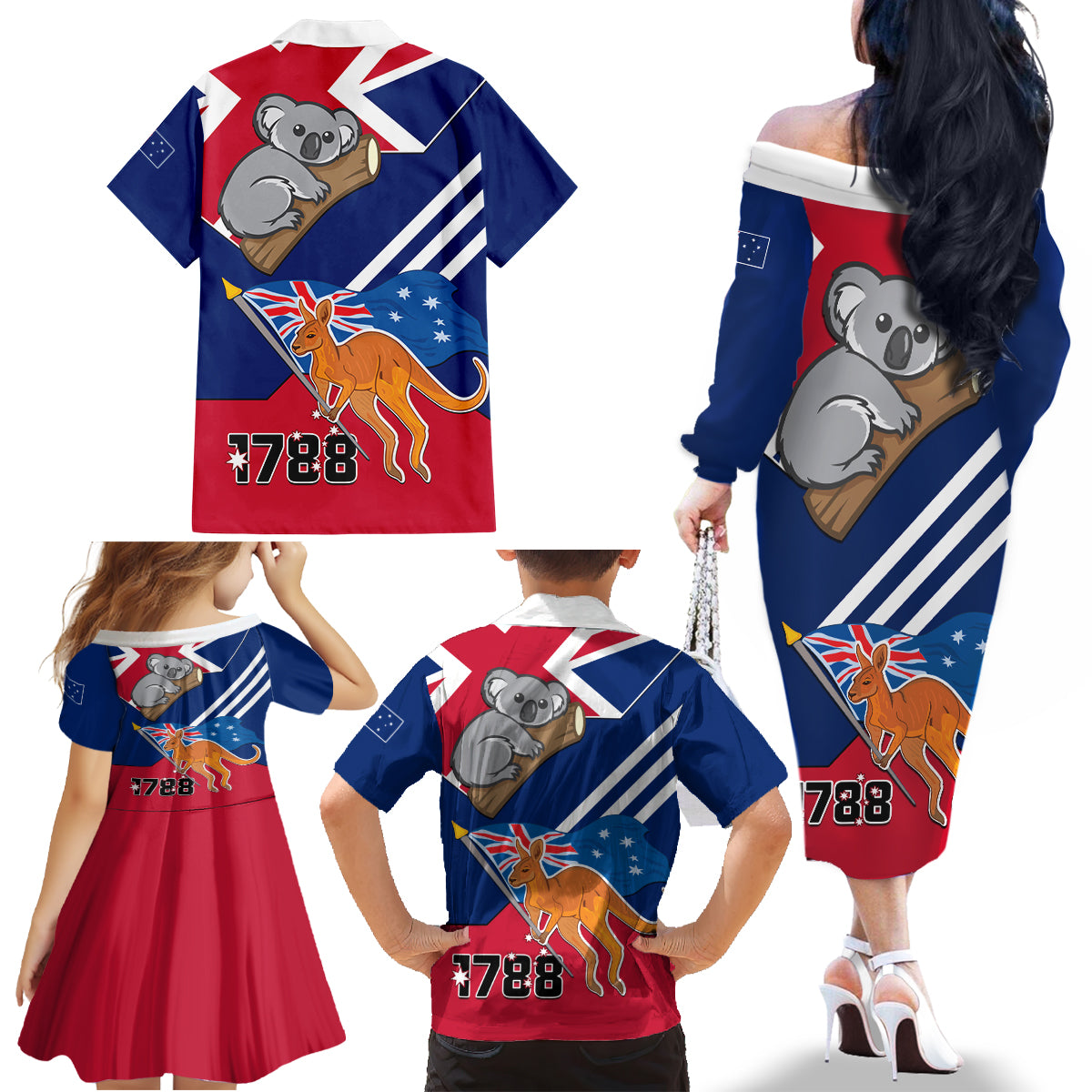 Australia Day Kangaroo and Koala With Flag Family Matching Off The Shoulder Long Sleeve Dress and Hawaiian Shirt