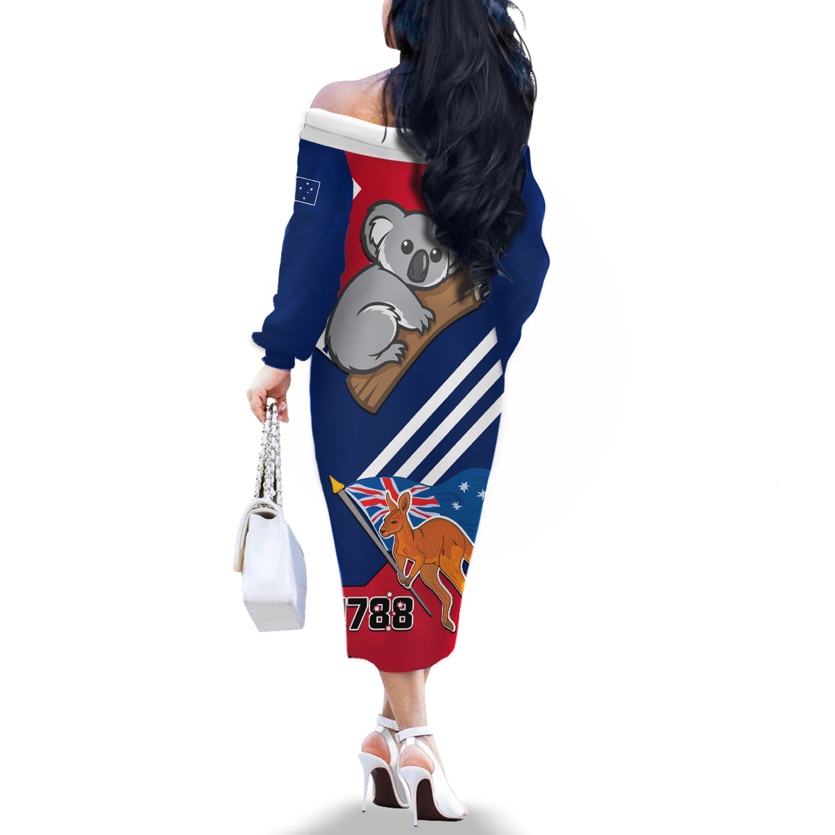 Australia Day Kangaroo and Koala With Flag Family Matching Off The Shoulder Long Sleeve Dress and Hawaiian Shirt