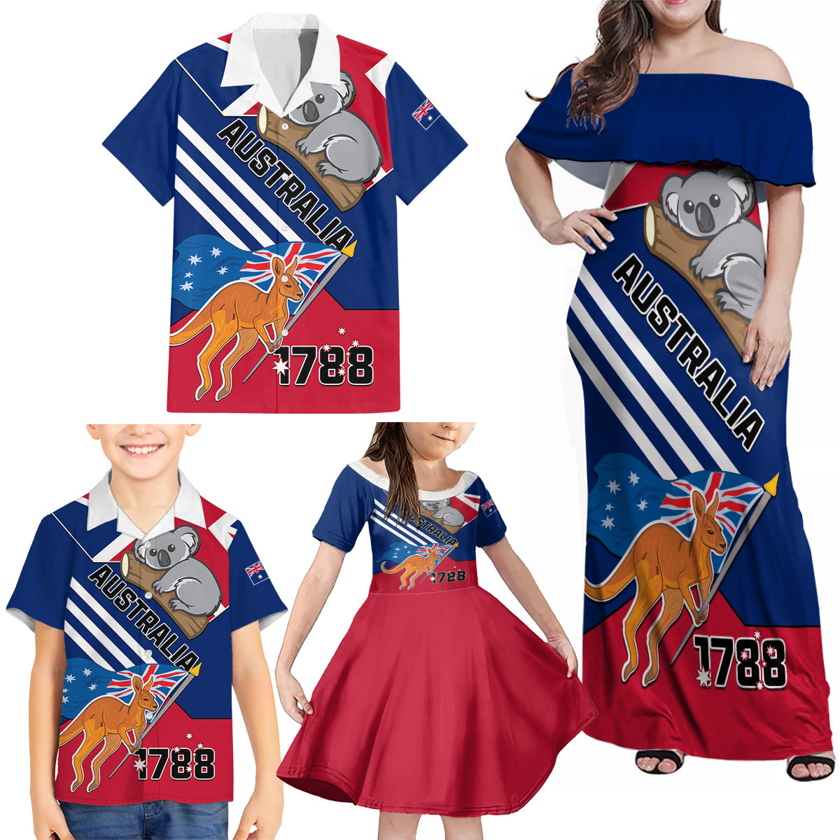 Australia Day Kangaroo and Koala With Flag Family Matching Off Shoulder Maxi Dress and Hawaiian Shirt