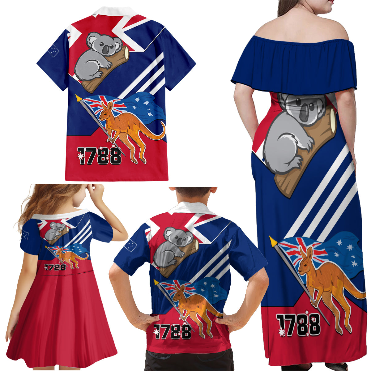 Australia Day Kangaroo and Koala With Flag Family Matching Off Shoulder Maxi Dress and Hawaiian Shirt