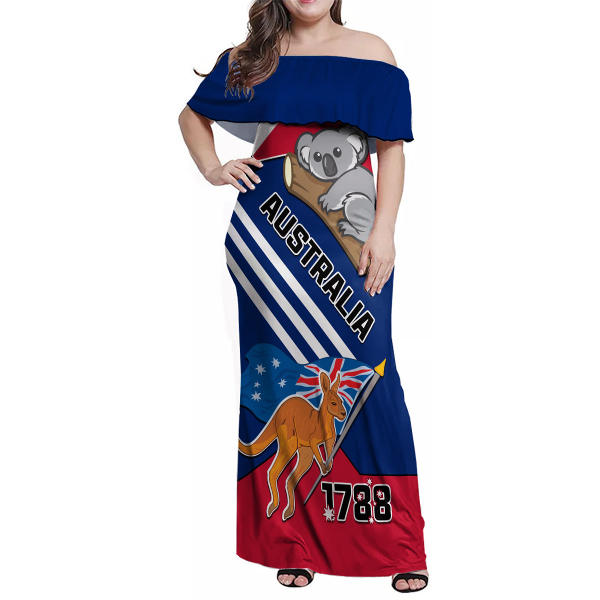 Australia Day Kangaroo and Koala With Flag Family Matching Off Shoulder Maxi Dress and Hawaiian Shirt