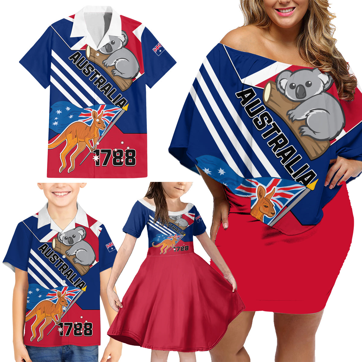 Australia Day Kangaroo and Koala With Flag Family Matching Off Shoulder Short Dress and Hawaiian Shirt