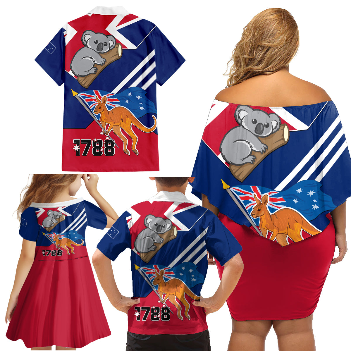 Australia Day Kangaroo and Koala With Flag Family Matching Off Shoulder Short Dress and Hawaiian Shirt