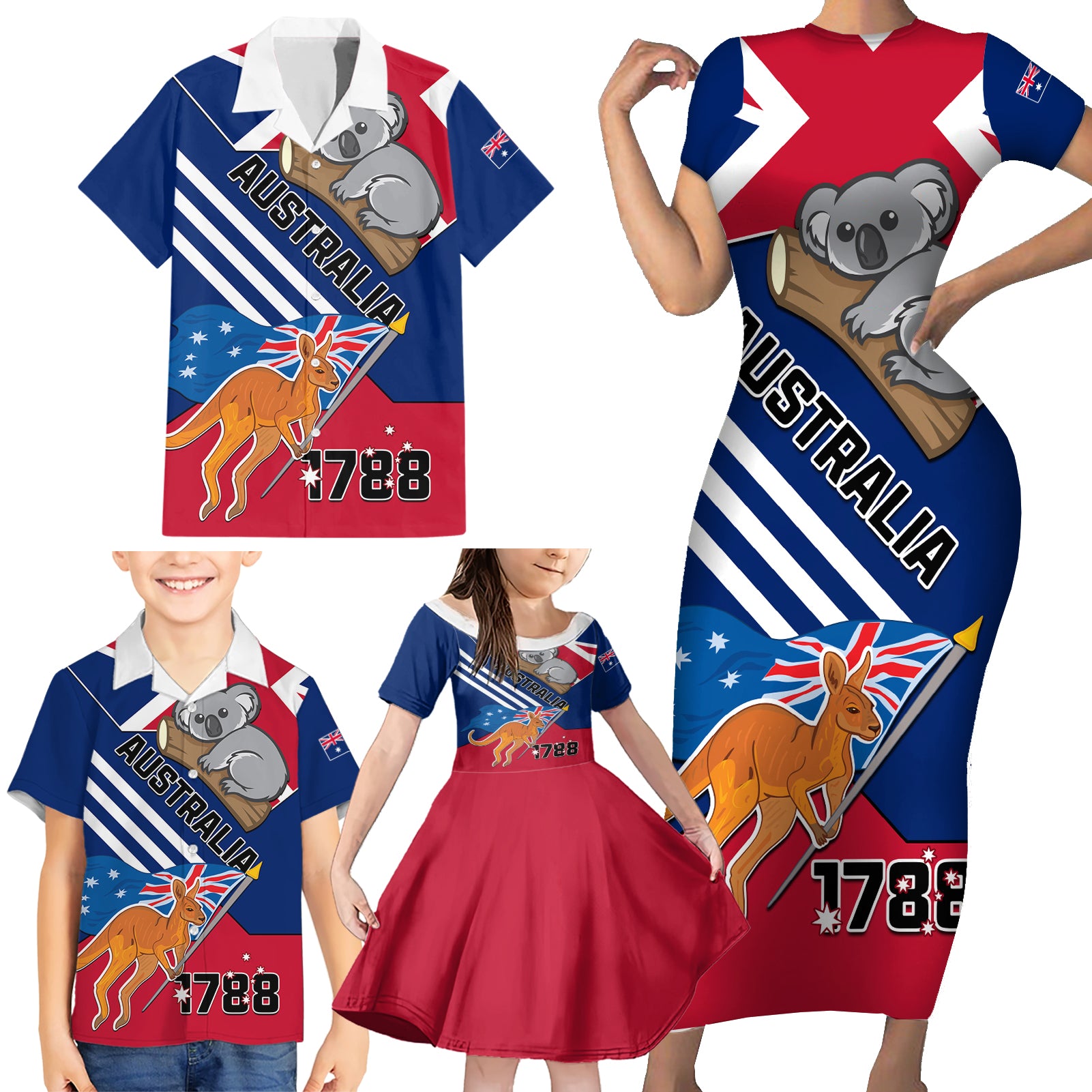 Australia Day Kangaroo and Koala With Flag Family Matching Short Sleeve Bodycon Dress and Hawaiian Shirt