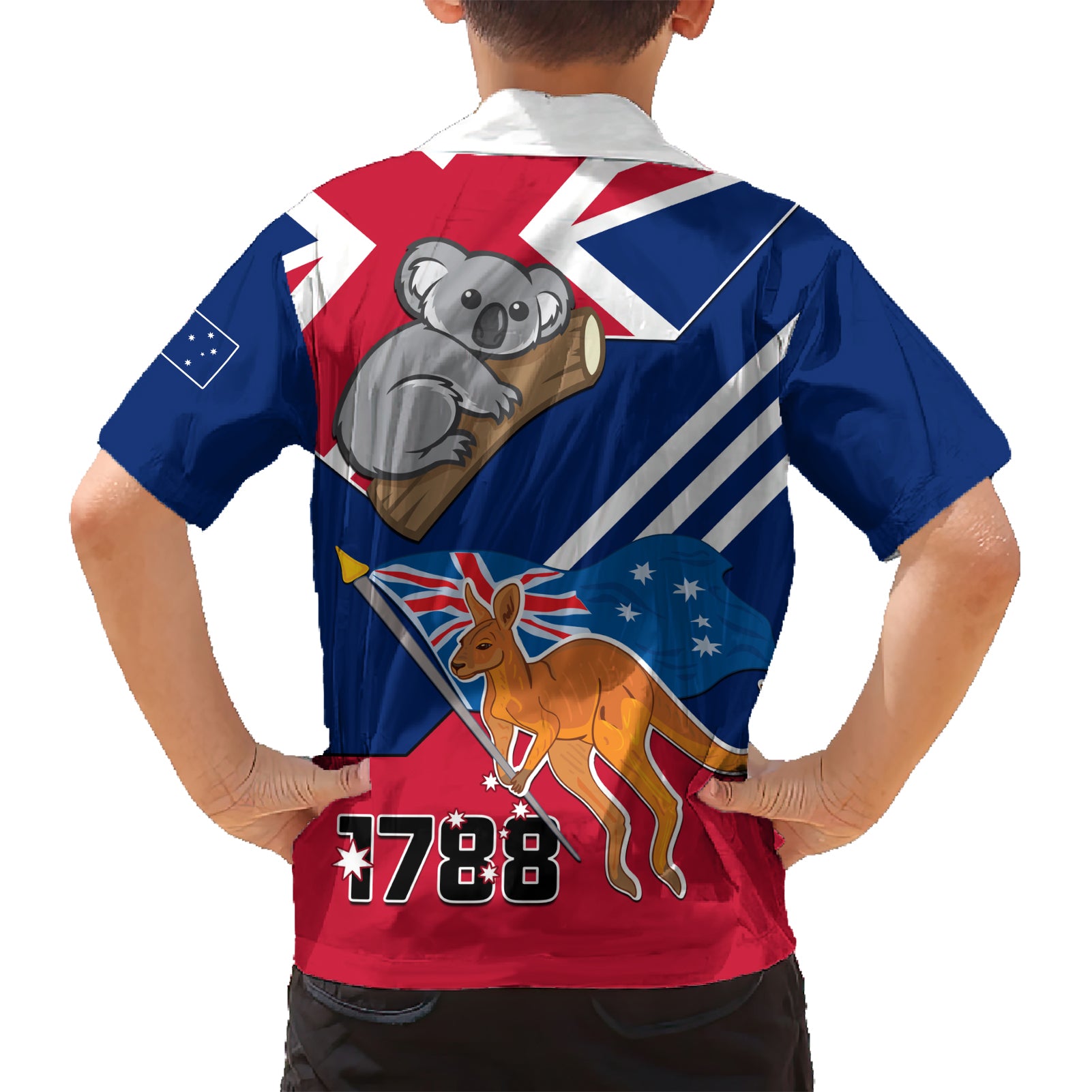 Australia Day Kangaroo and Koala With Flag Family Matching Short Sleeve Bodycon Dress and Hawaiian Shirt