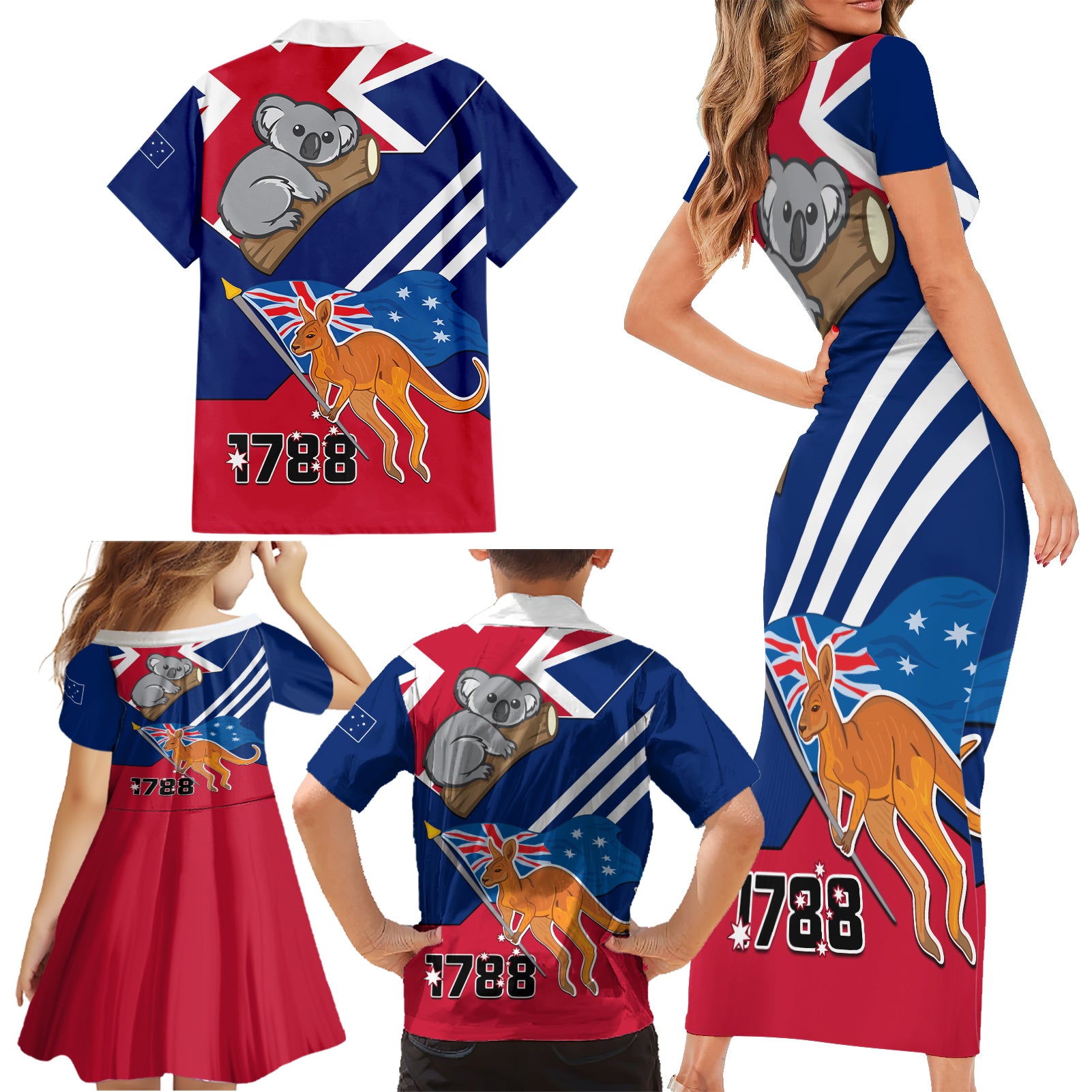 Australia Day Kangaroo and Koala With Flag Family Matching Short Sleeve Bodycon Dress and Hawaiian Shirt