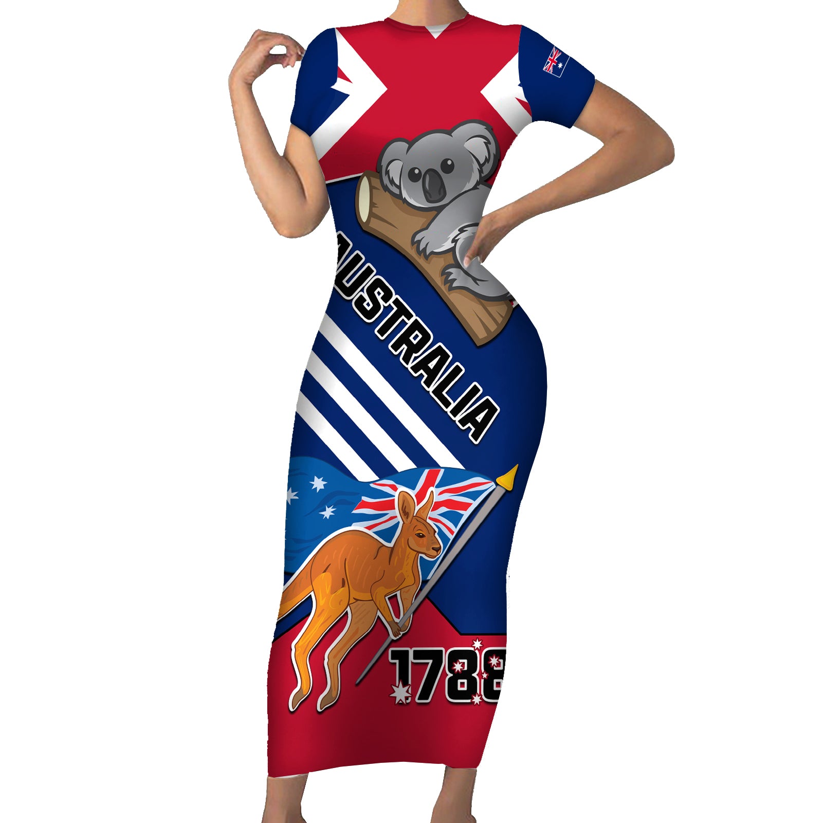 Australia Day Kangaroo and Koala With Flag Family Matching Short Sleeve Bodycon Dress and Hawaiian Shirt