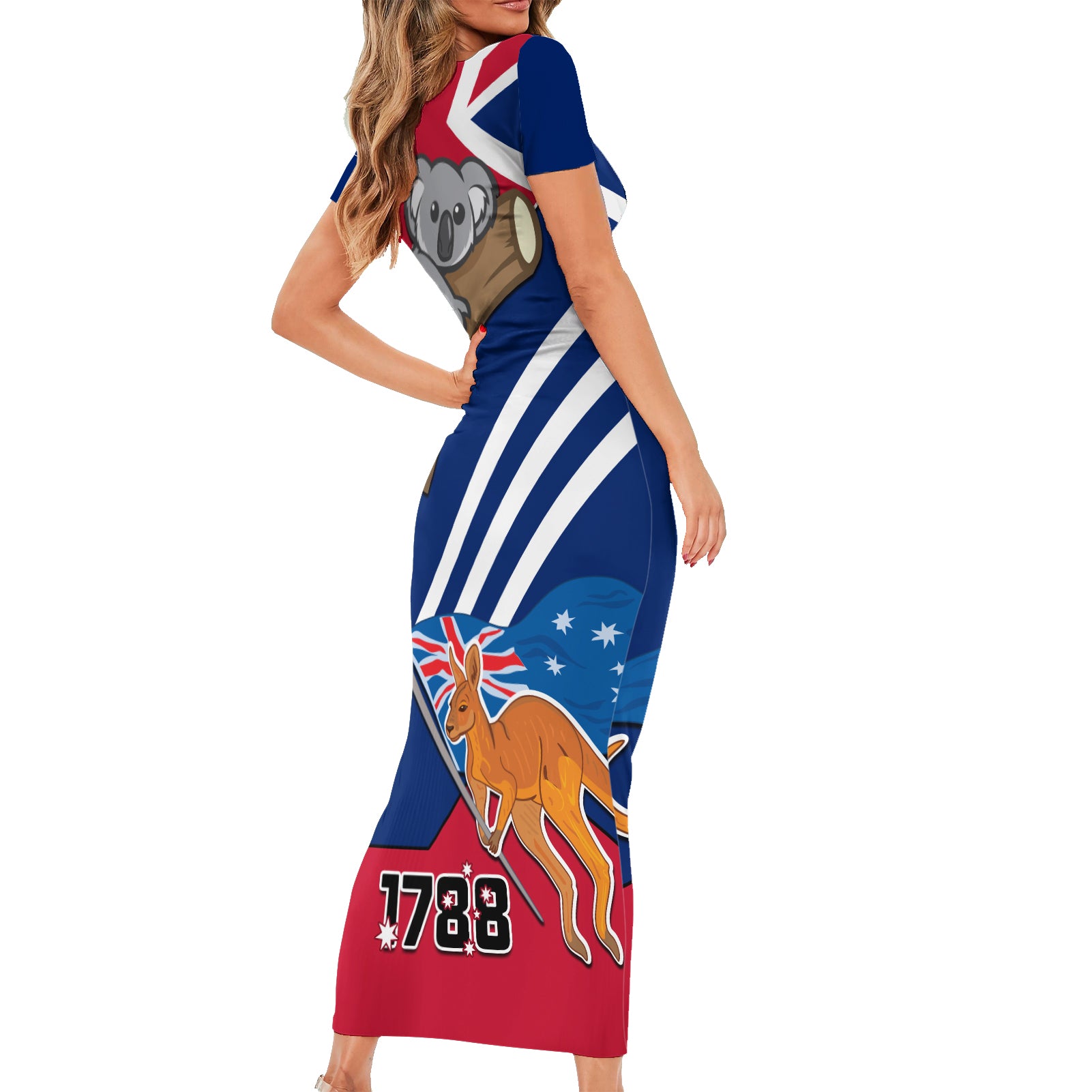 Australia Day Kangaroo and Koala With Flag Family Matching Short Sleeve Bodycon Dress and Hawaiian Shirt