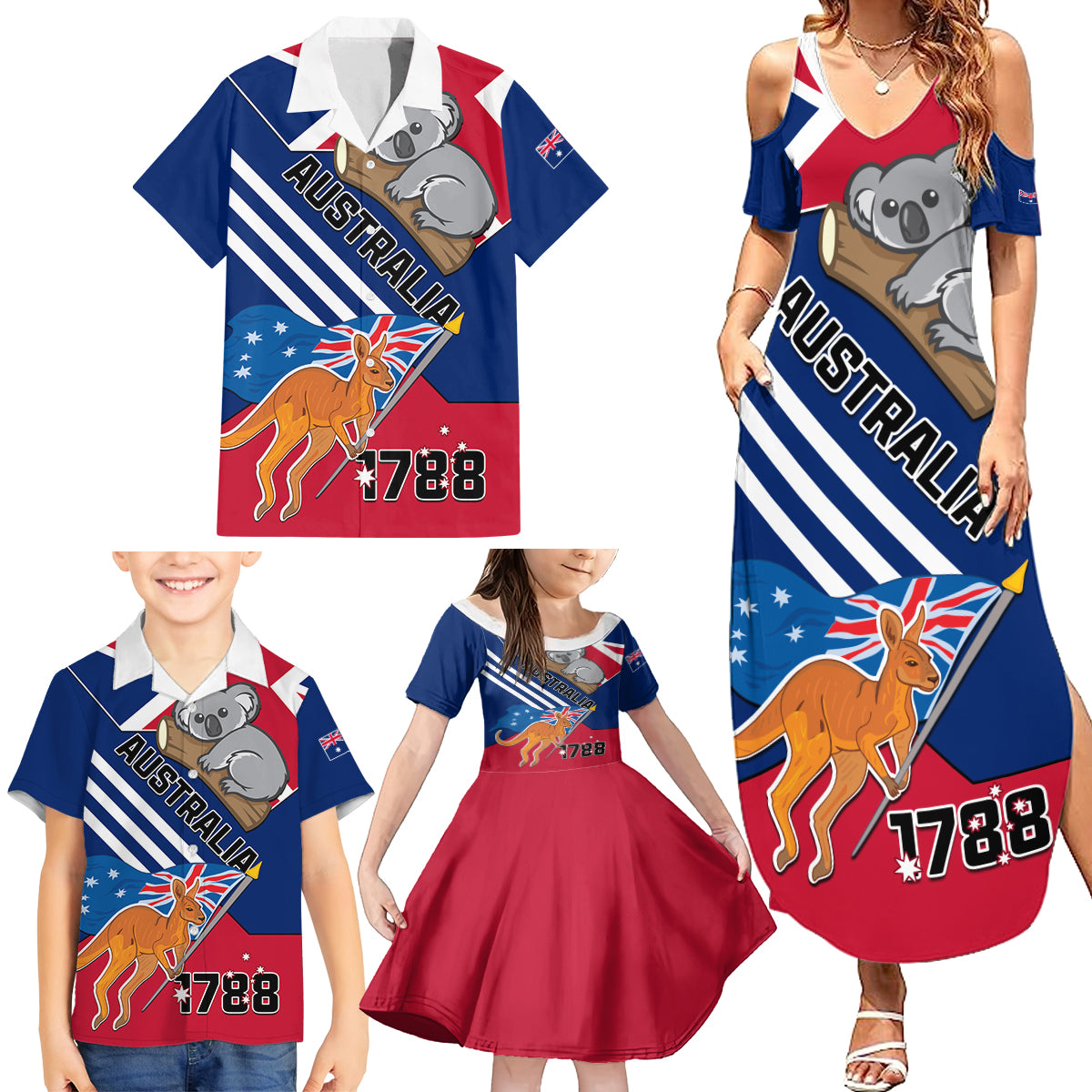 Australia Day Kangaroo and Koala With Flag Family Matching Summer Maxi Dress and Hawaiian Shirt