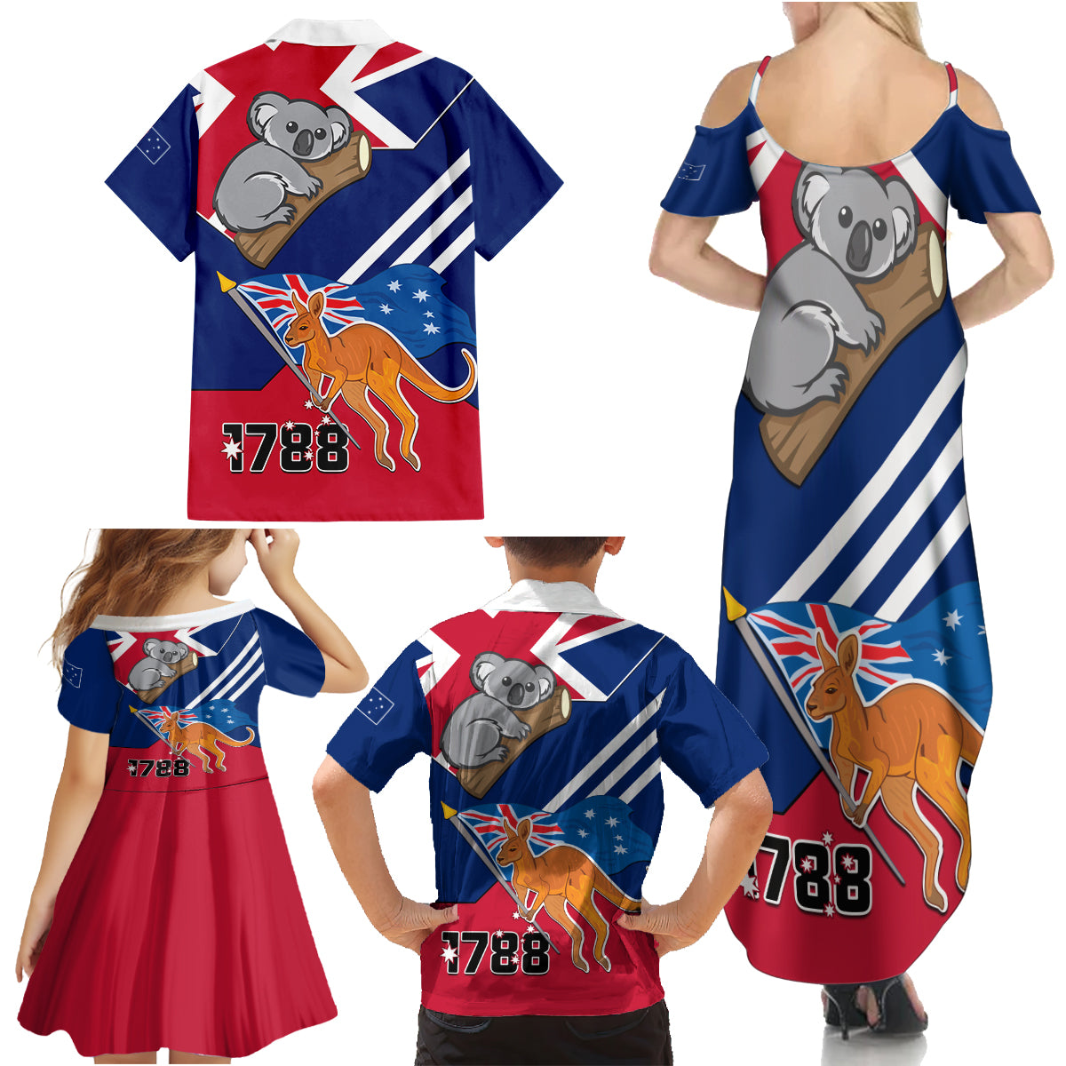 Australia Day Kangaroo and Koala With Flag Family Matching Summer Maxi Dress and Hawaiian Shirt