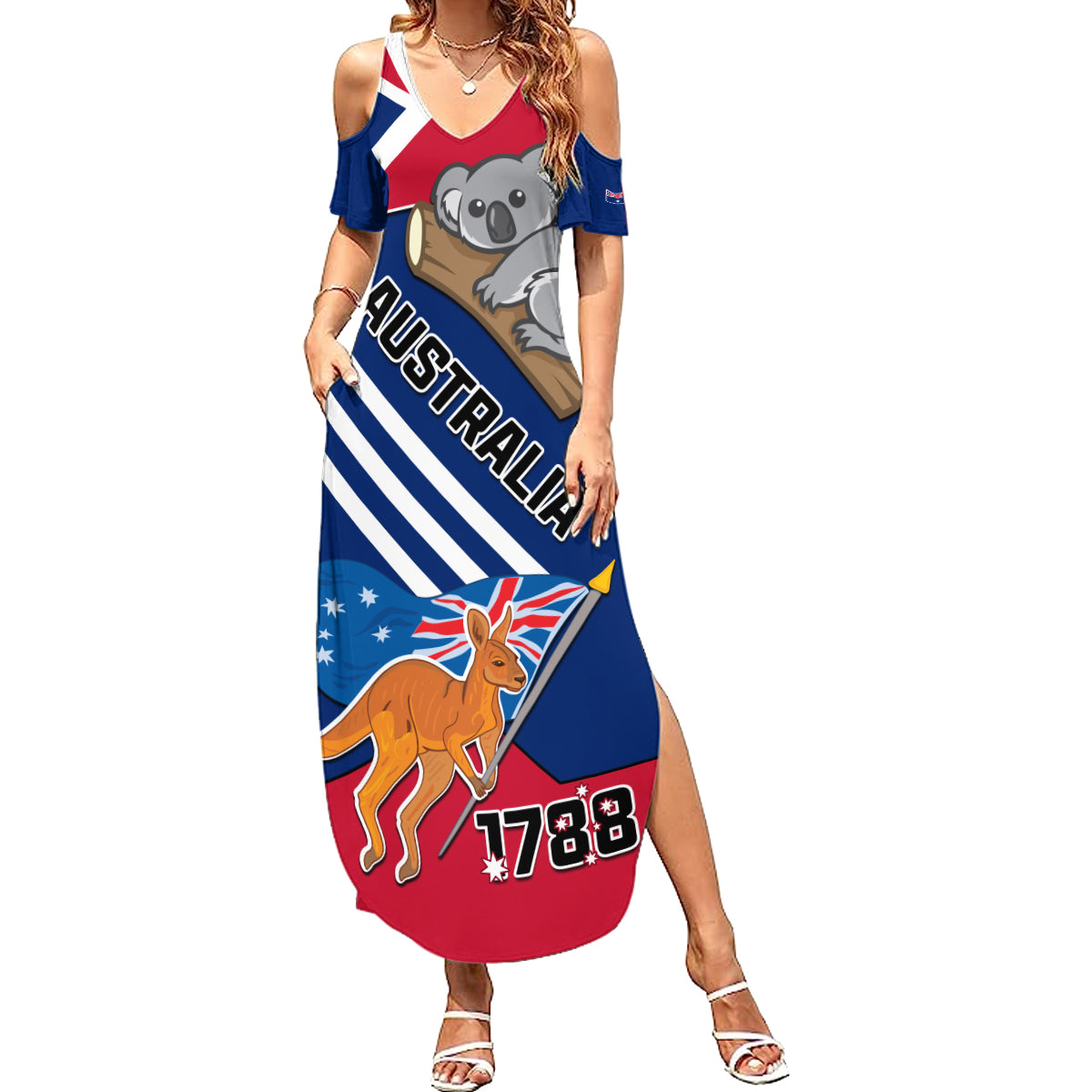 Australia Day Kangaroo and Koala With Flag Family Matching Summer Maxi Dress and Hawaiian Shirt