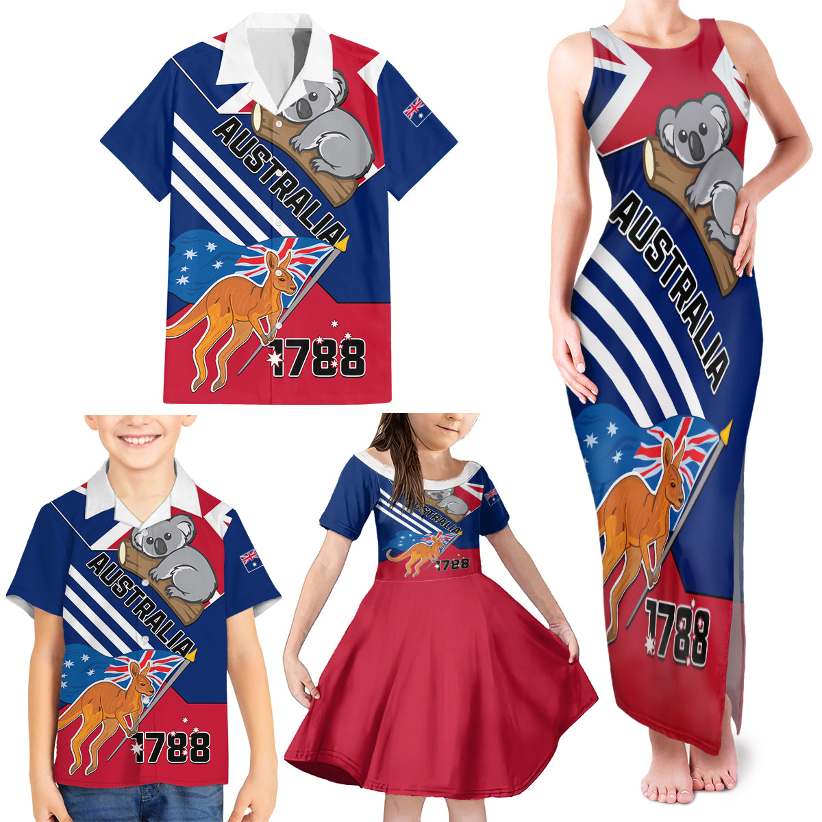 Australia Day Kangaroo and Koala With Flag Family Matching Tank Maxi Dress and Hawaiian Shirt