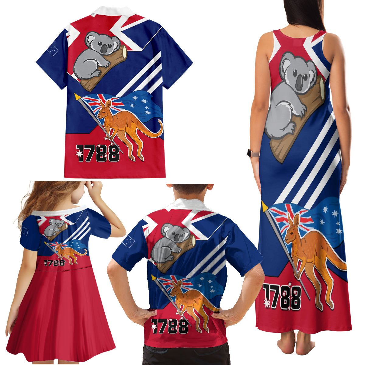 Australia Day Kangaroo and Koala With Flag Family Matching Tank Maxi Dress and Hawaiian Shirt