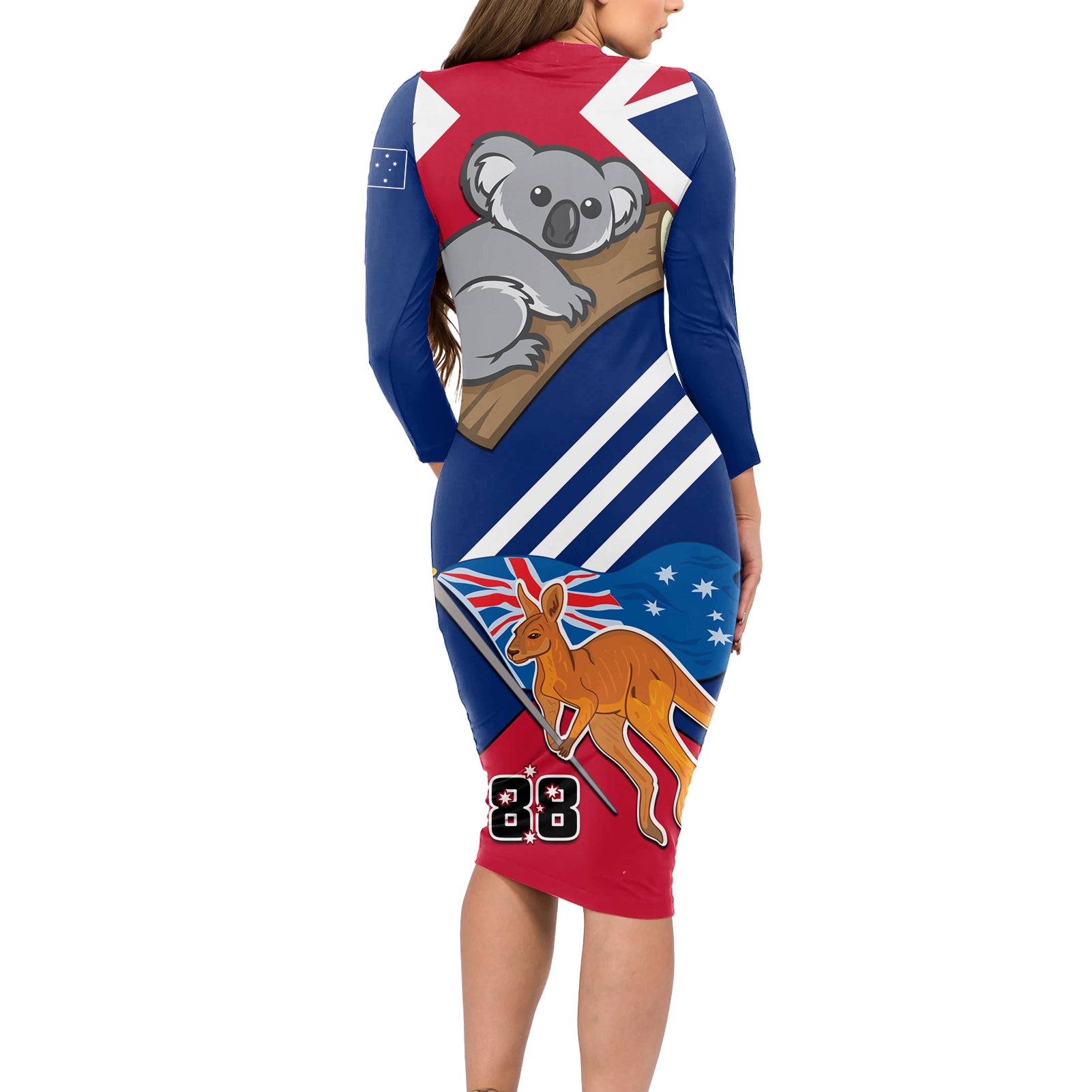 Australia Day Kangaroo and Koala With Flag Long Sleeve Bodycon Dress