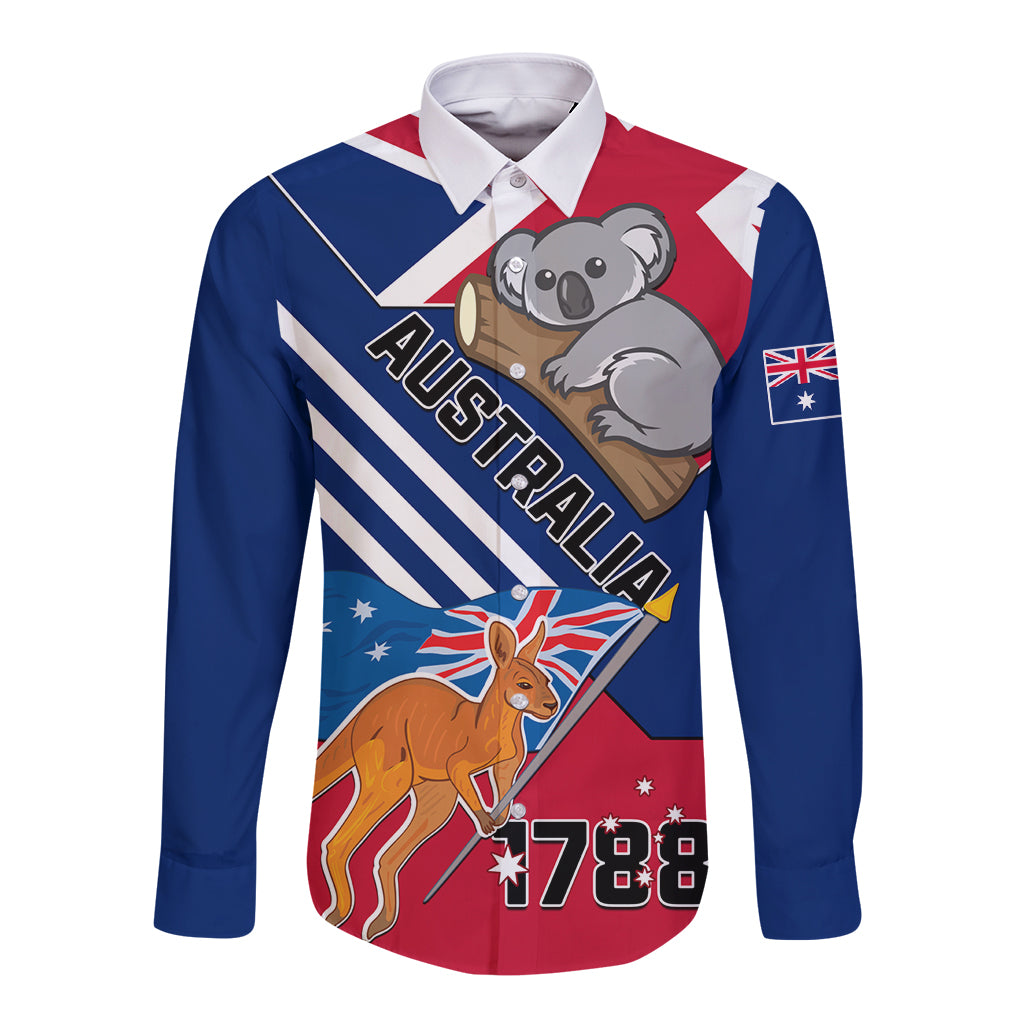 Australia Day Kangaroo and Koala With Flag Long Sleeve Button Shirt - Vibe Hoodie Shop