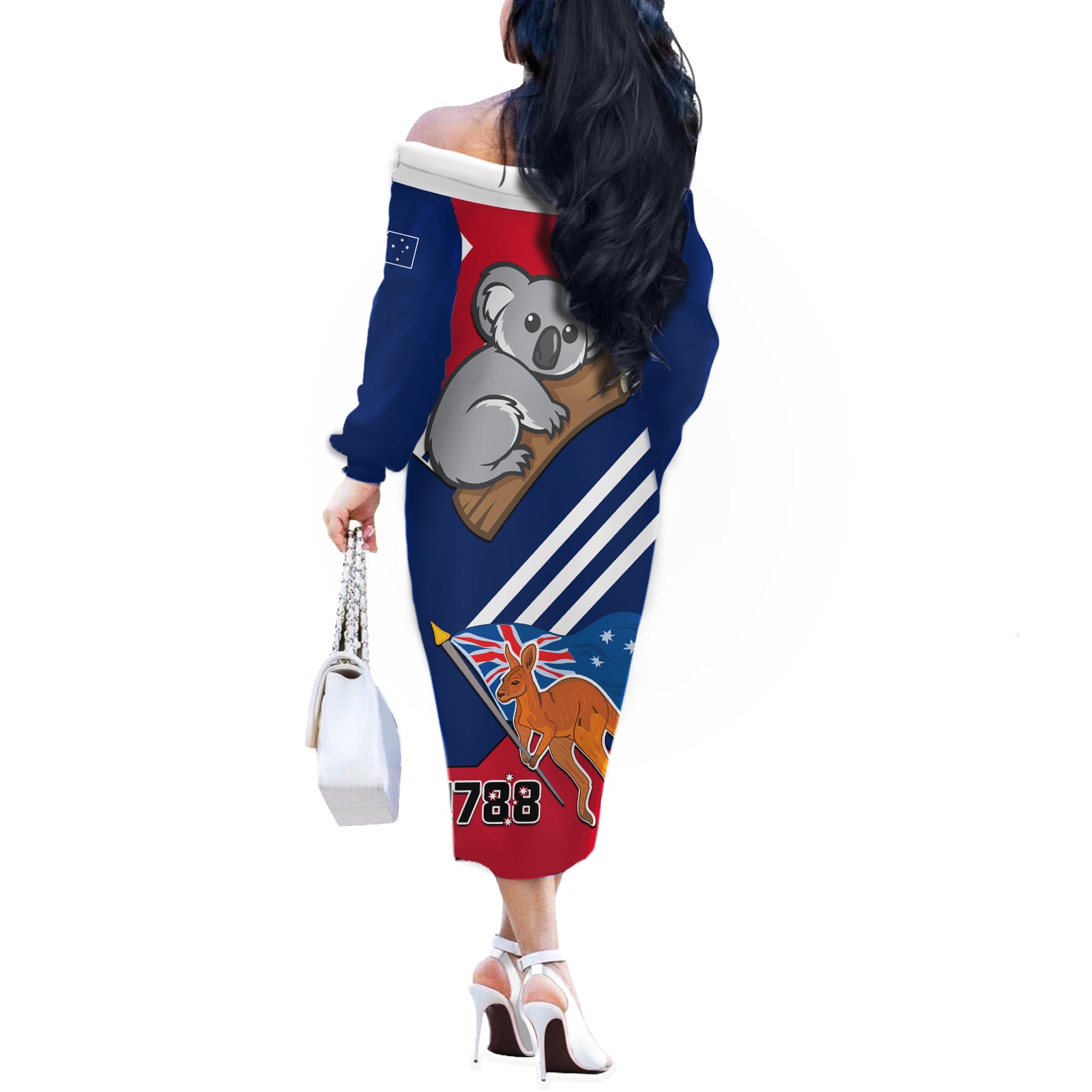 Australia Day Kangaroo and Koala With Flag Off The Shoulder Long Sleeve Dress