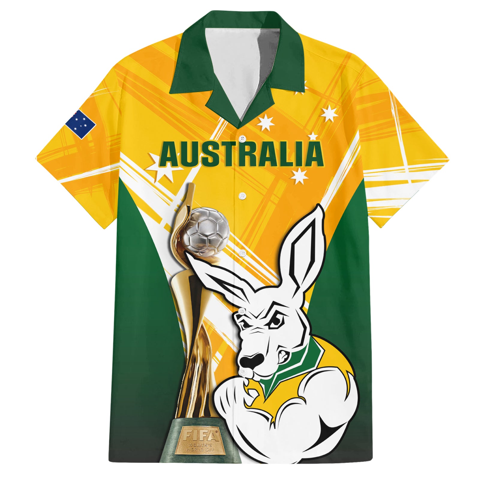 Custom Australia Soccer Hawaiian Shirt Matildas Kangaroo With World Cup Trophy 2023 Yellow Version - Vibe Hoodie Shop