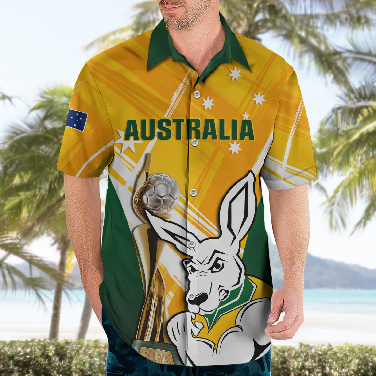 Custom Australia Soccer Hawaiian Shirt Matildas Kangaroo With World Cup Trophy 2023 Yellow Version - Vibe Hoodie Shop