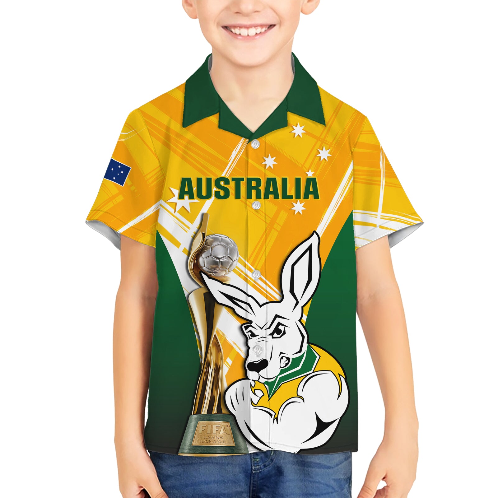 Custom Australia Soccer Hawaiian Shirt Matildas Kangaroo With World Cup Trophy 2023 Yellow Version - Vibe Hoodie Shop