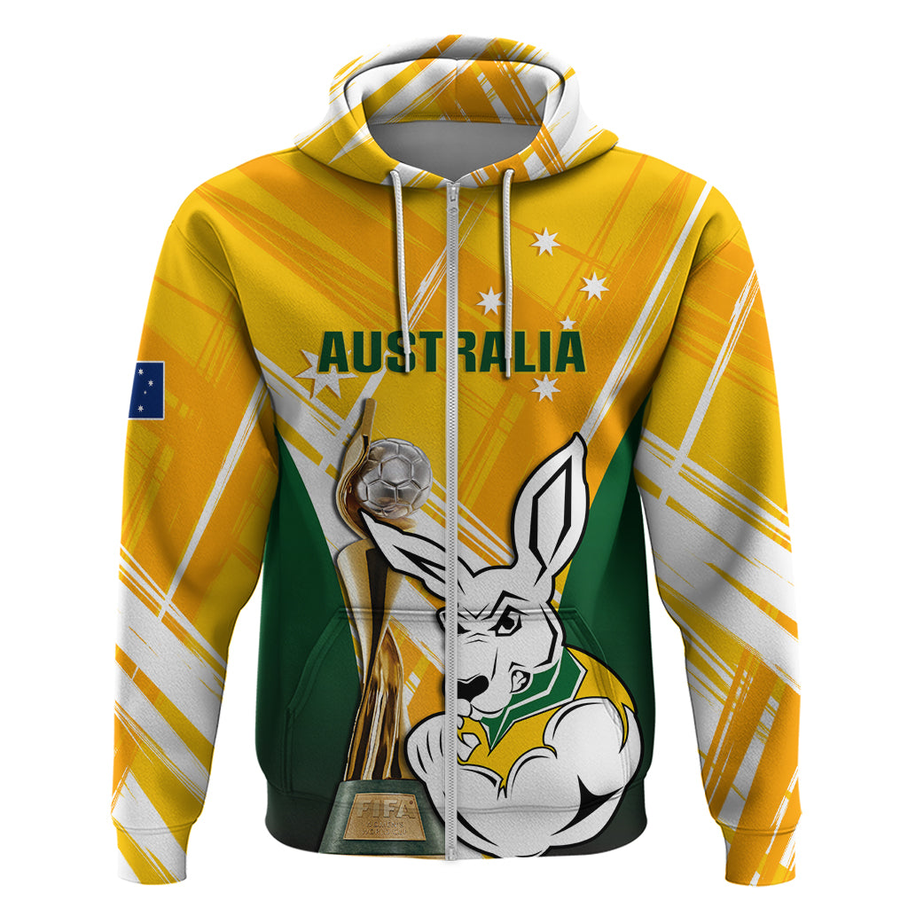 Custom Australia Soccer Hoodie Matildas Kangaroo With World Cup Trophy 2023 Yellow Version - Vibe Hoodie Shop