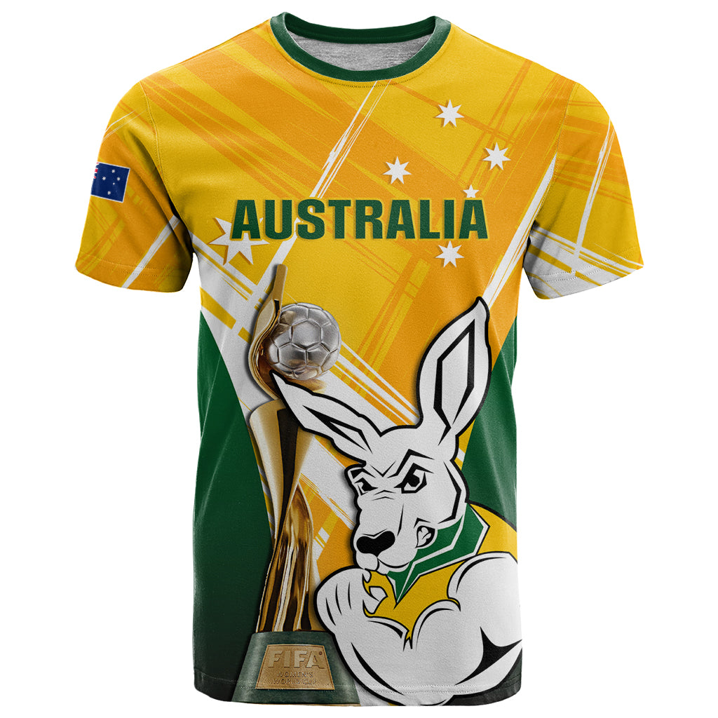 Custom Australia Soccer T Shirt Matildas Kangaroo With World Cup Trophy 2023 Yellow Version - Vibe Hoodie Shop