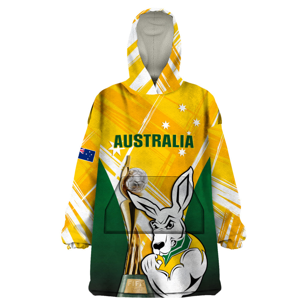 Custom Australia Soccer Wearable Blanket Hoodie Matildas Kangaroo With World Cup Trophy 2023 Yellow Version - Vibe Hoodie Shop