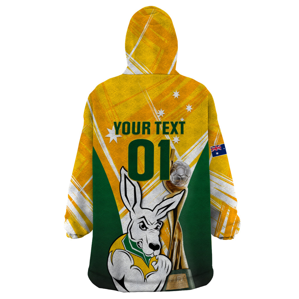 Custom Australia Soccer Wearable Blanket Hoodie Matildas Kangaroo With World Cup Trophy 2023 Yellow Version - Vibe Hoodie Shop