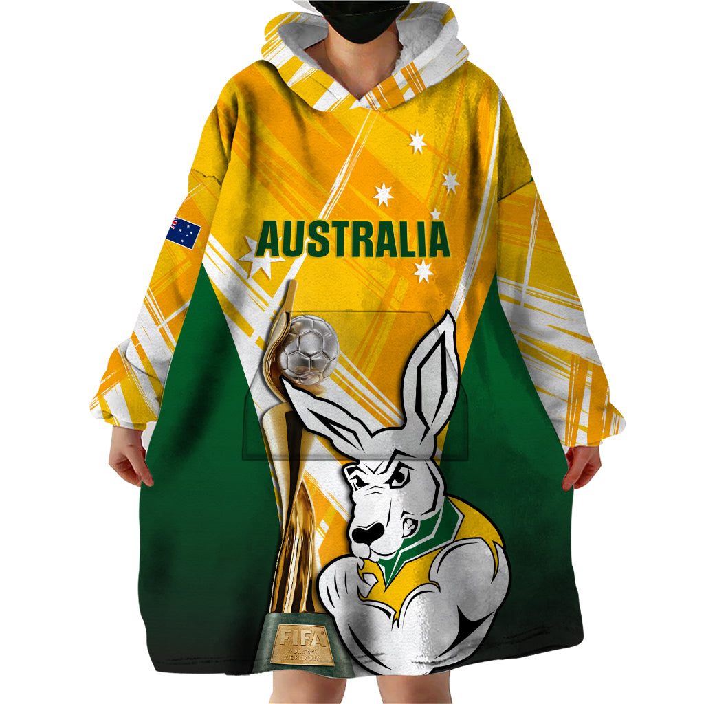 Custom Australia Soccer Wearable Blanket Hoodie Matildas Kangaroo With World Cup Trophy 2023 Yellow Version - Vibe Hoodie Shop